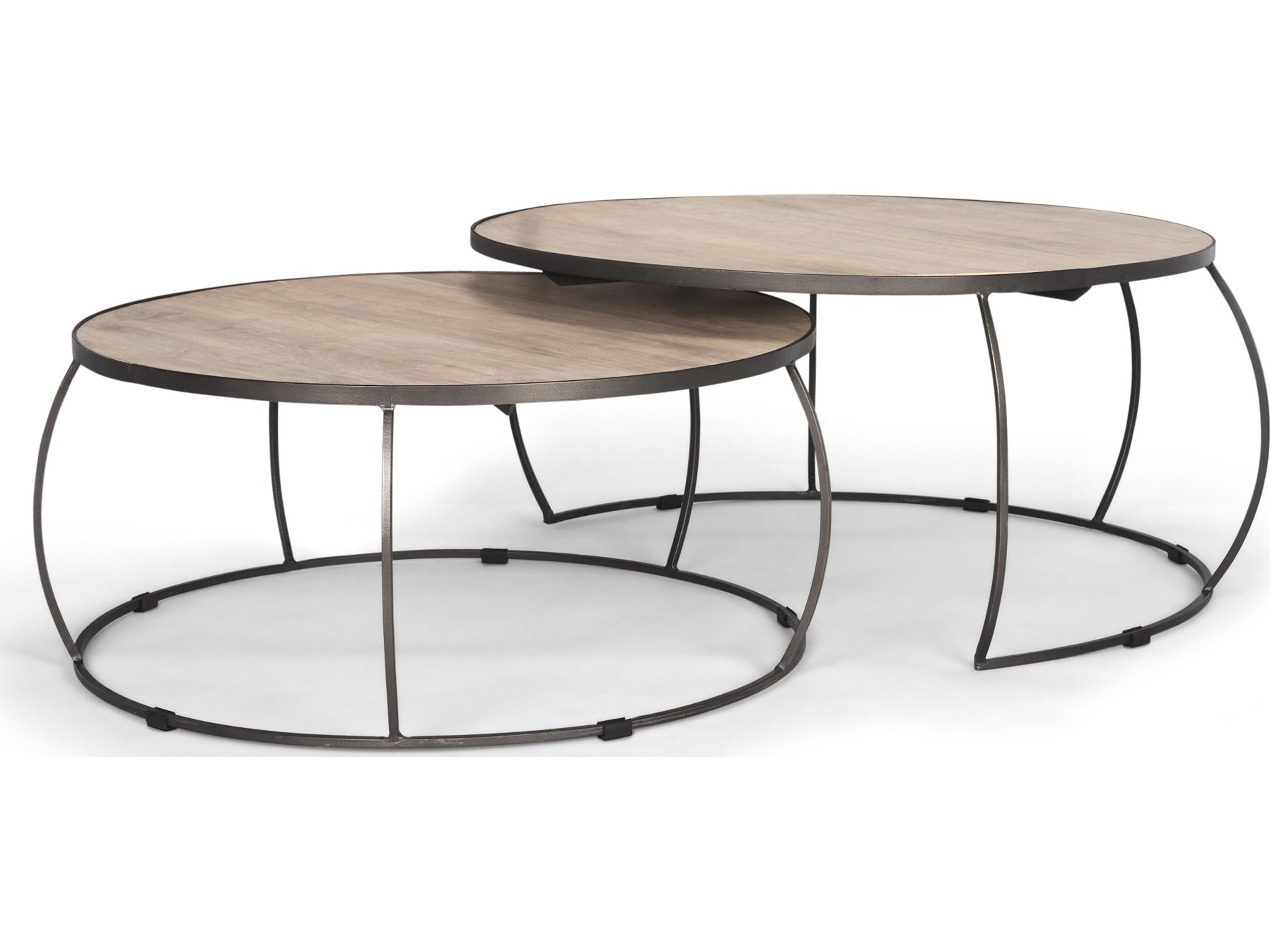 Clapp Round Light Brown W/ White Wash Wood and Silver Metal Nesting Coffee Tables (Set of 2)