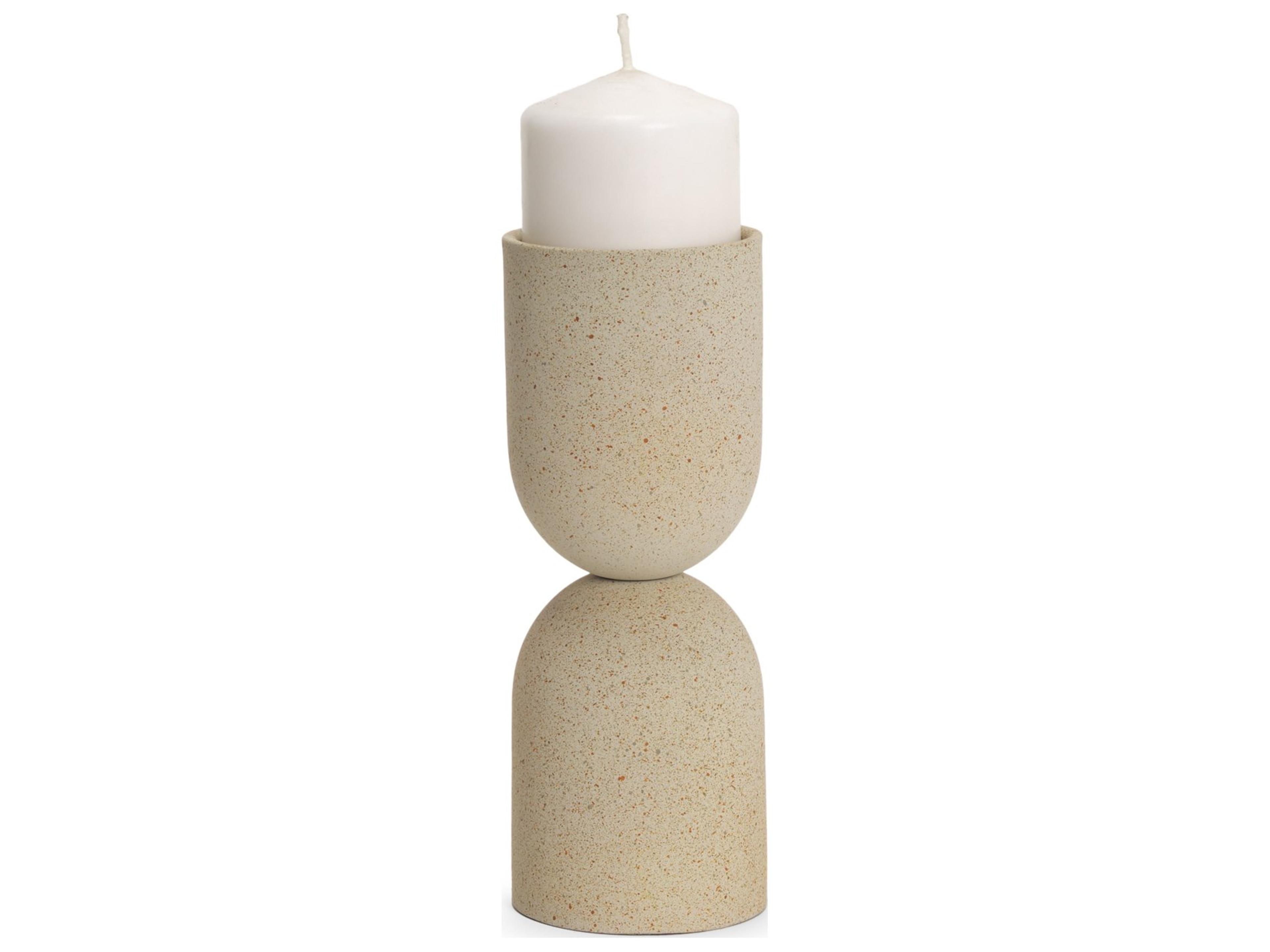 Qamra Short Beige Textured Metal Pillar Candle Holder