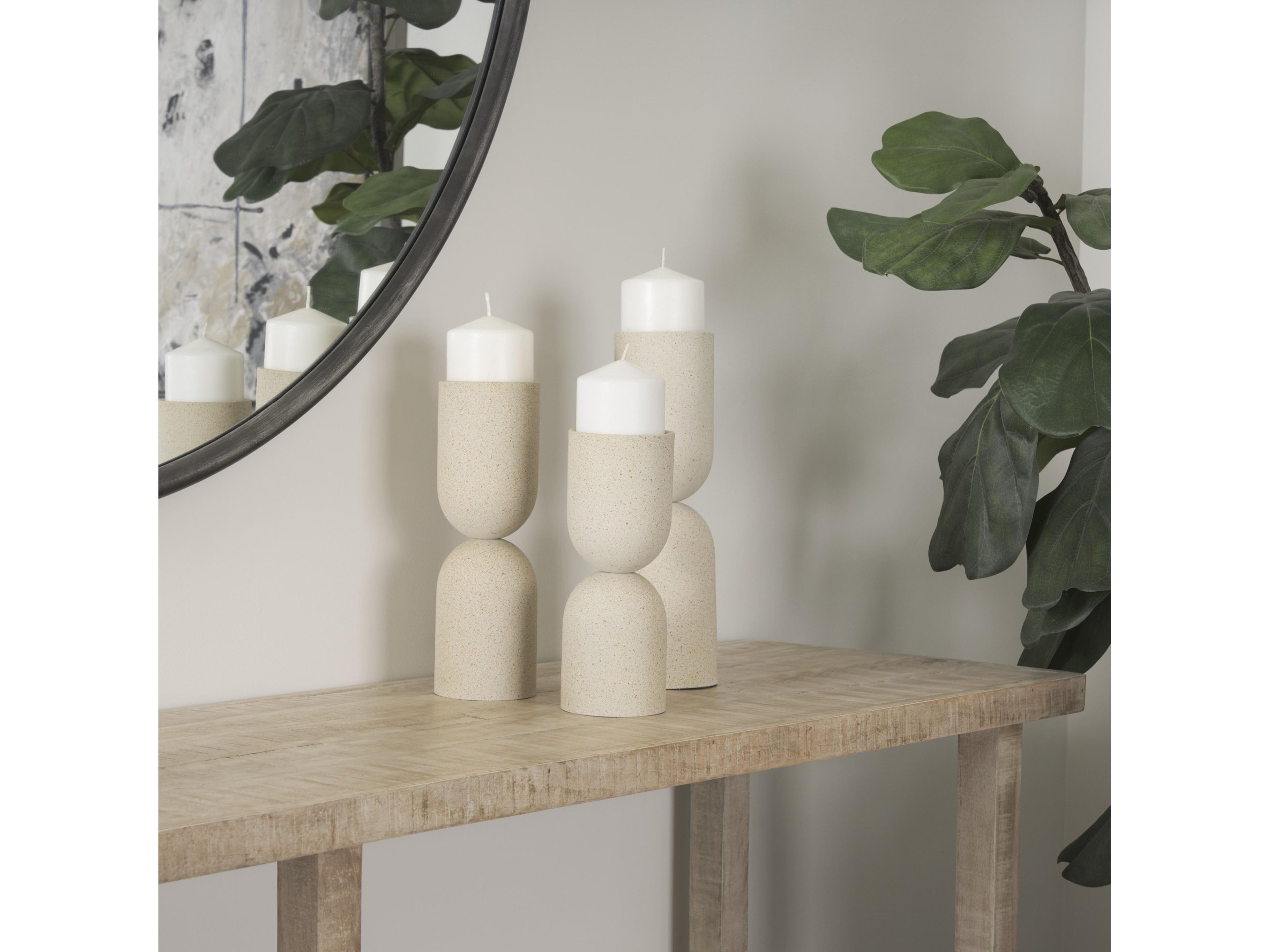 Mercana Qamra Medium Beige Textured Metal Pillar Candle Holder Candle Holder