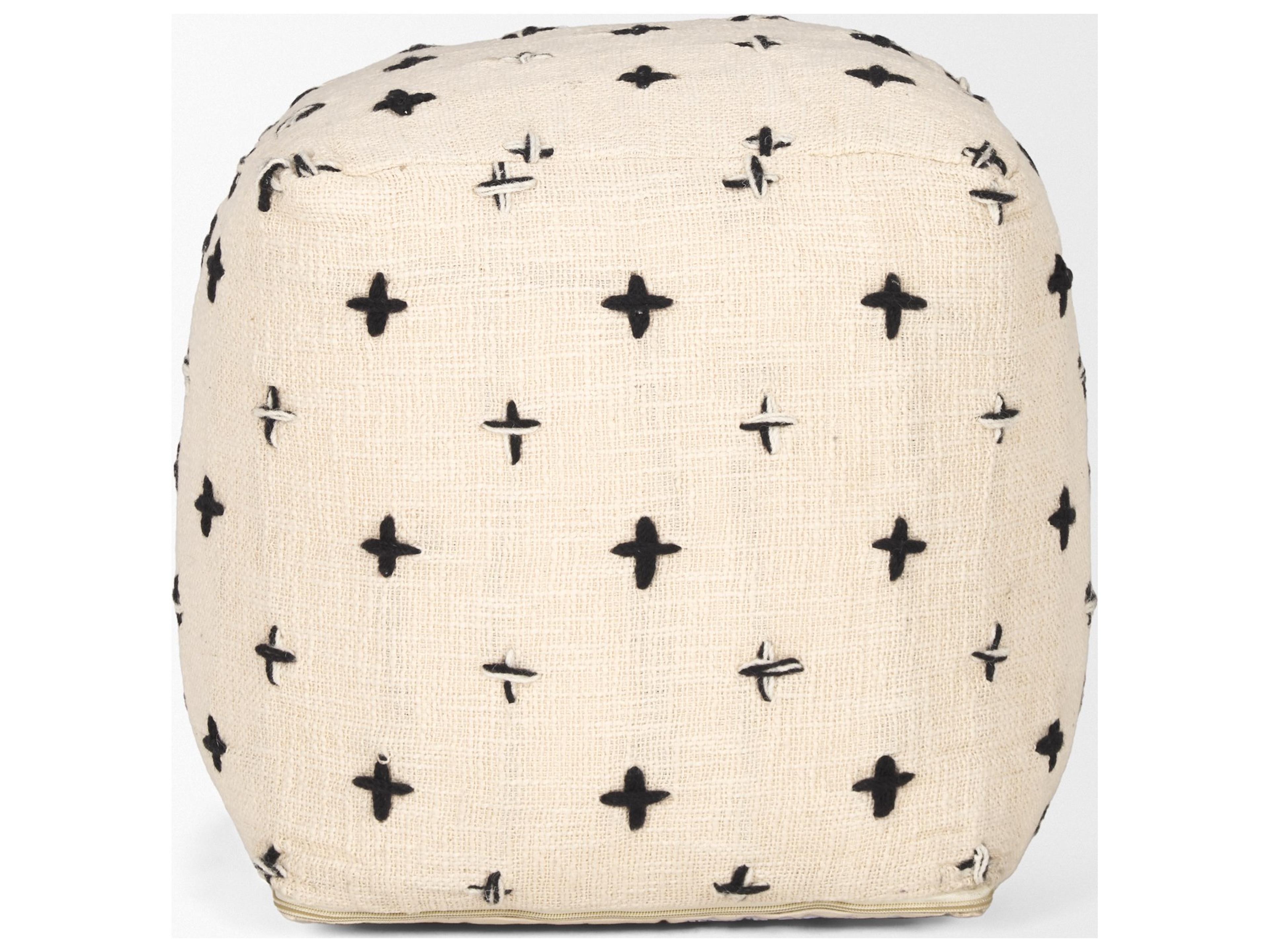 Mercana Saanvi Wool w/ Cream and Black Stitched Cross Patterned Pouf