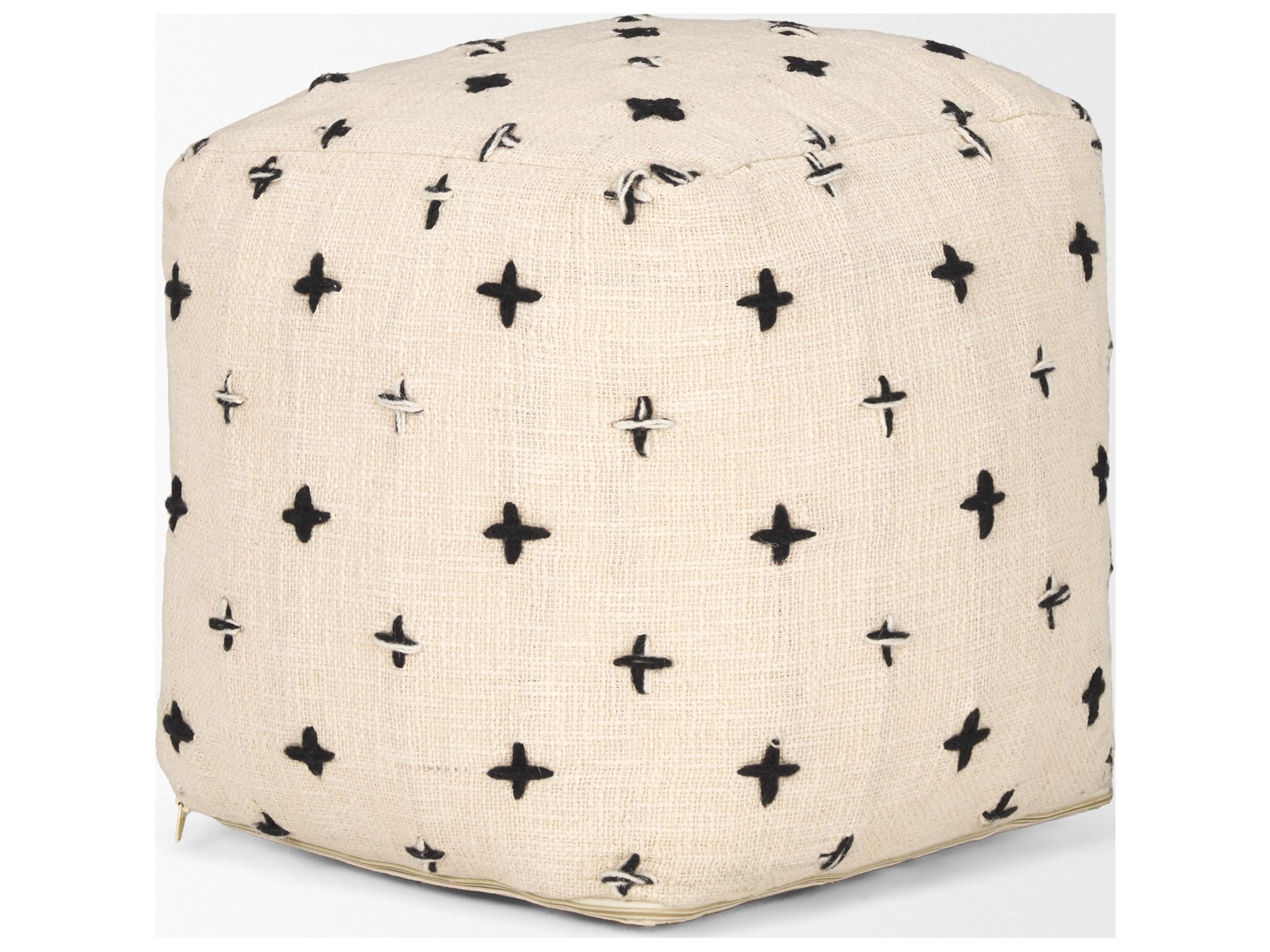 Mercana Saanvi Wool w/ Cream and Black Stitched Cross Patterned Pouf