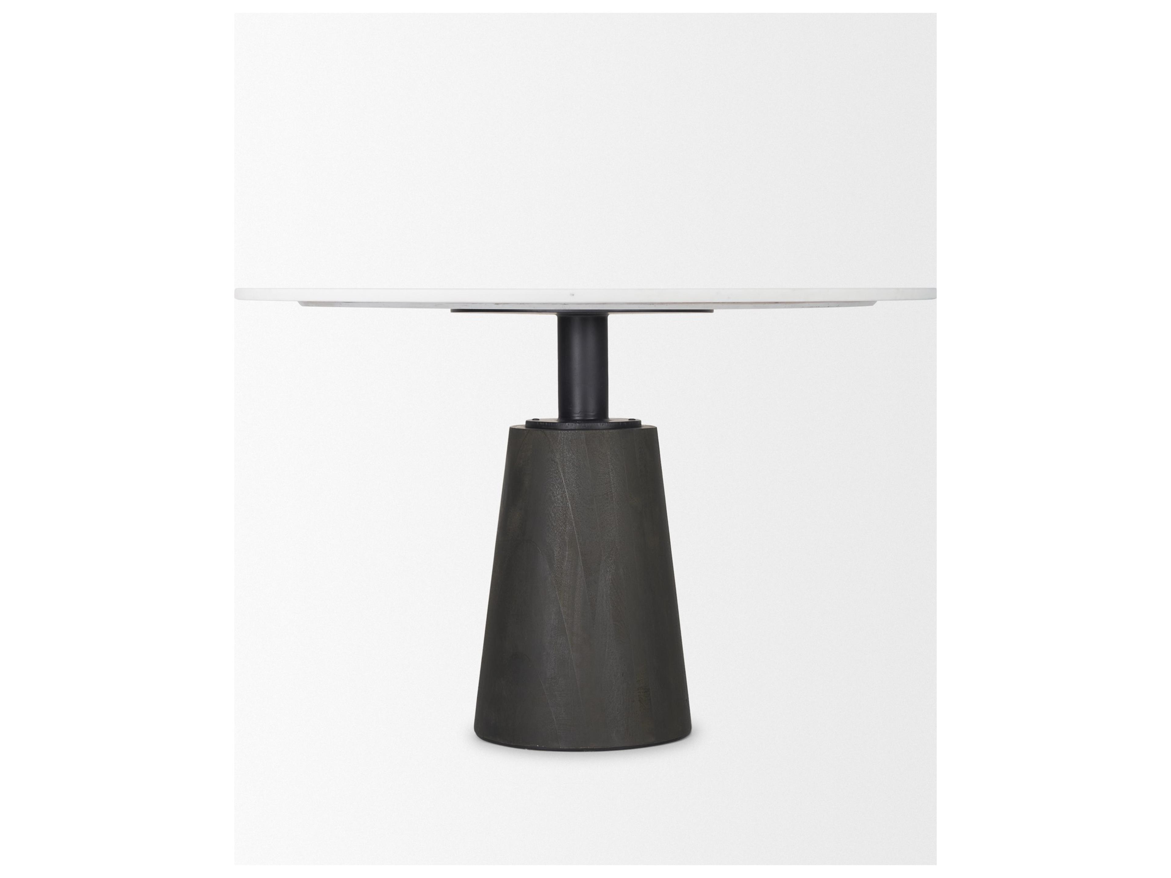 Mercana Maxwell 48L x 48W x 30H Round White Marble Top w/ Black Metal and Wood Pedestal Base Dining Table