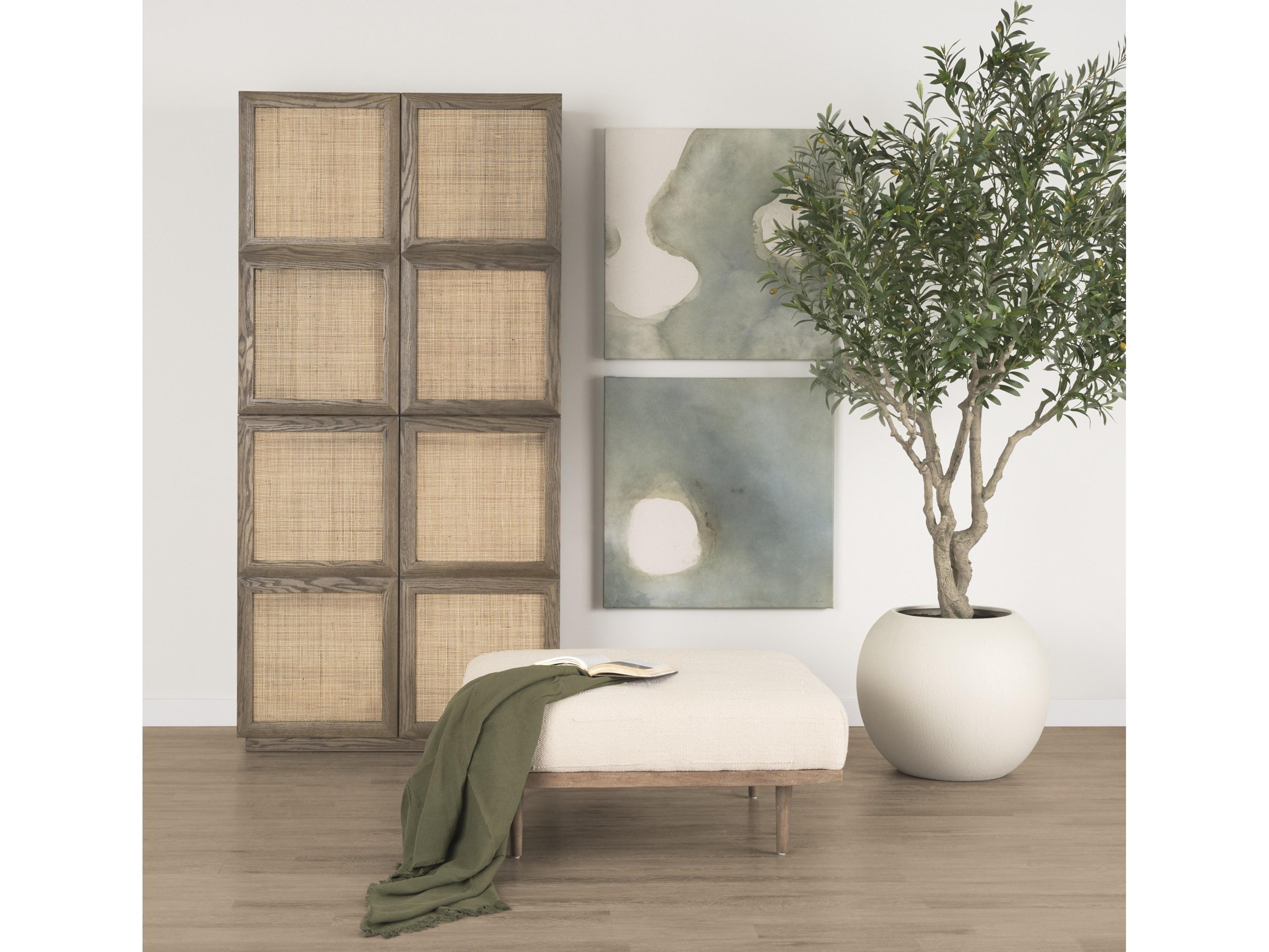 Mercana Shae Brown Wood w/ Oatmeal Fabric Ottoman