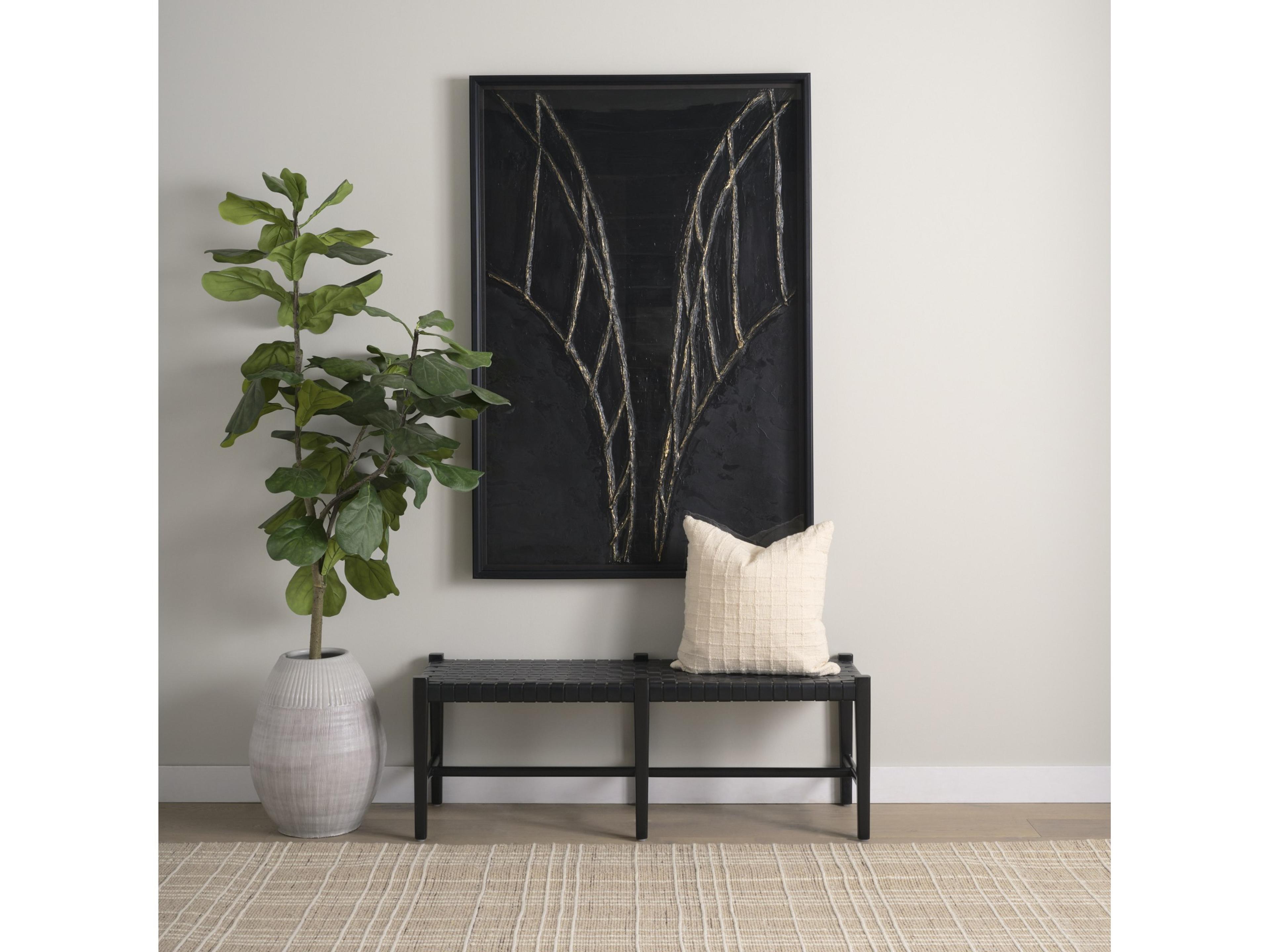 Mercana Shane Black Wood w/ Woven Black Leather Bench