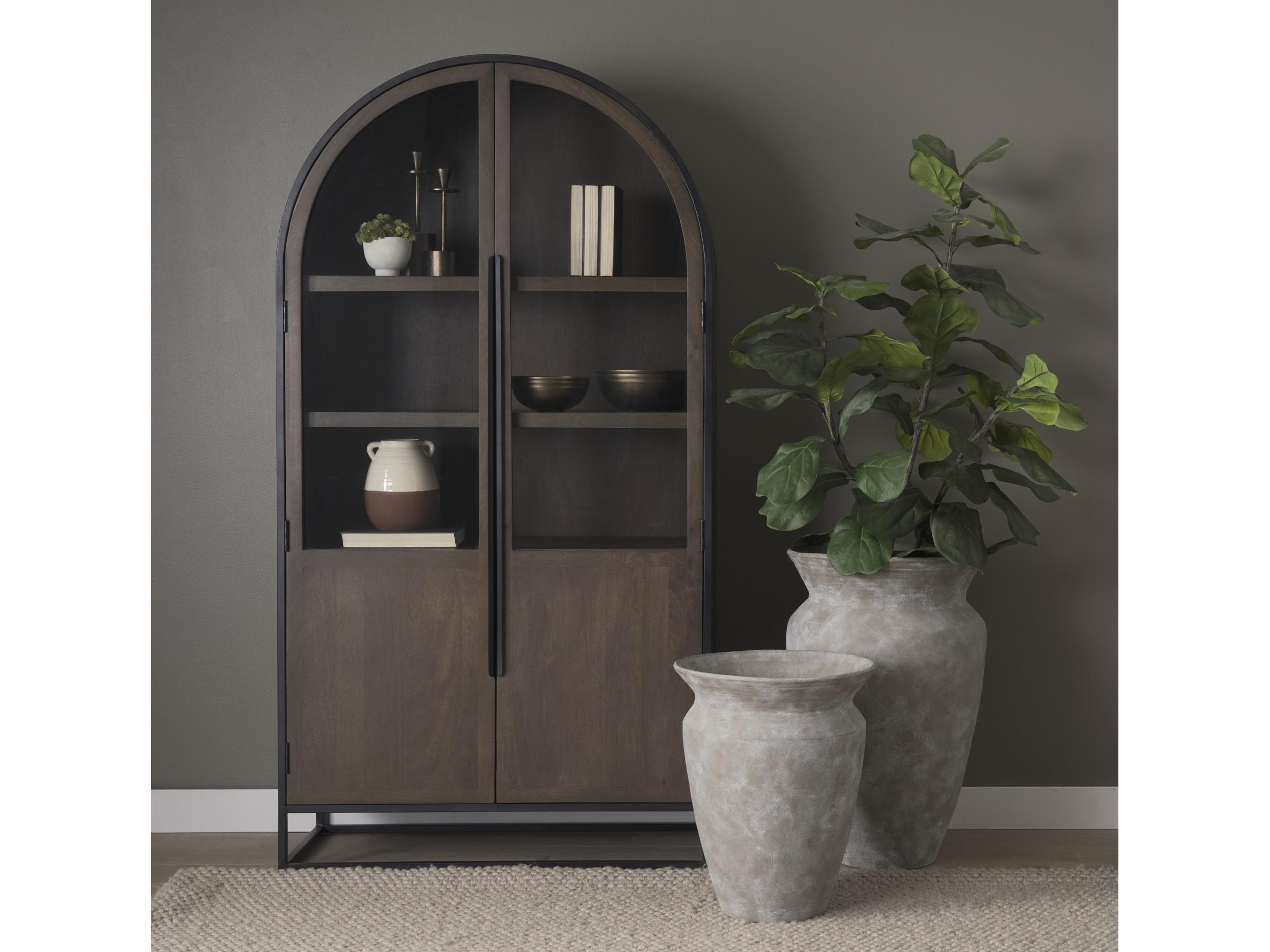 Mercana Sloan 80.5H Dark Brown Wood W/Black Metal Arched Curio Cabinet