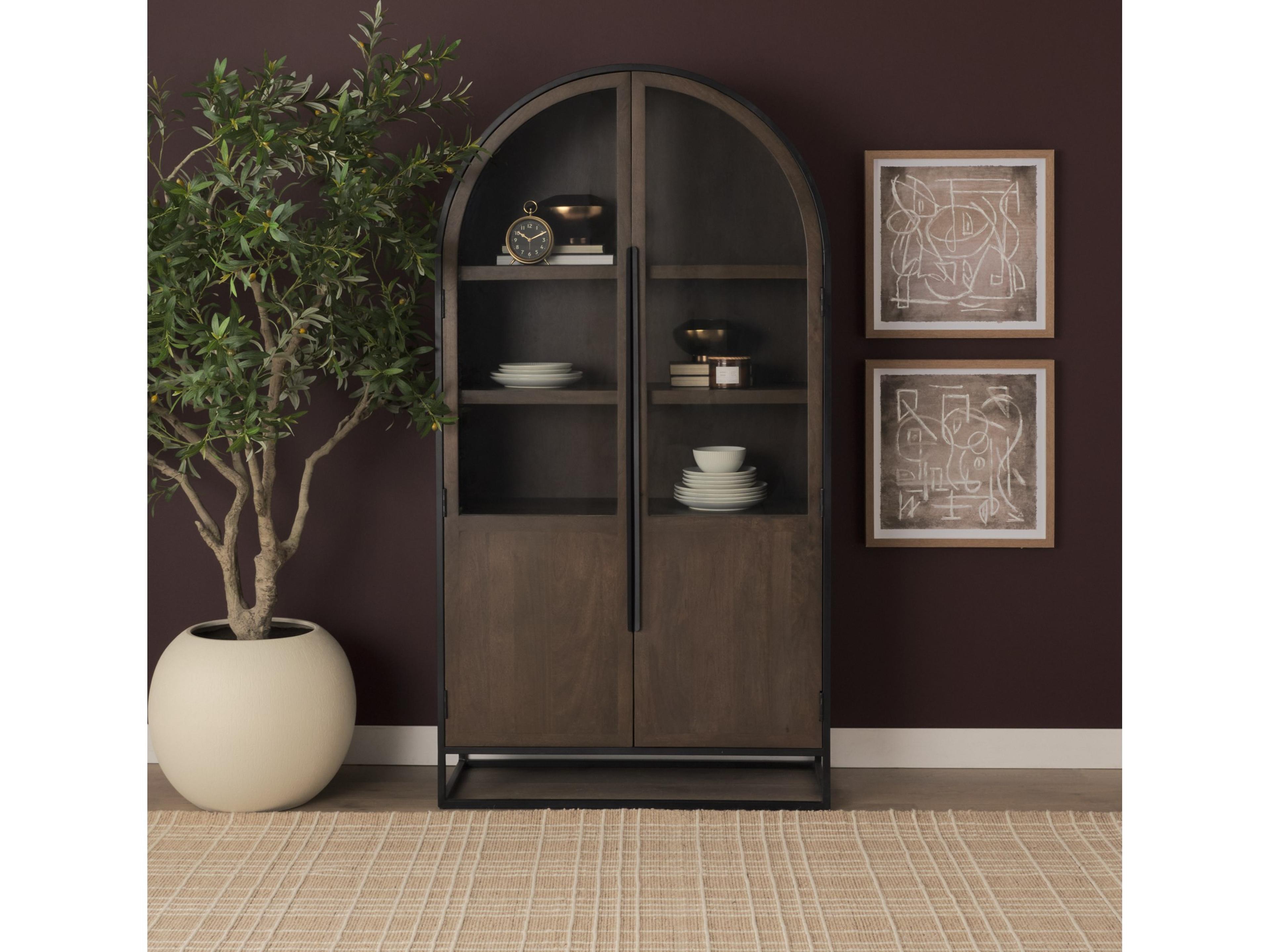 Mercana Sloan 80.5H Dark Brown Wood W/Black Metal Arched Curio Cabinet