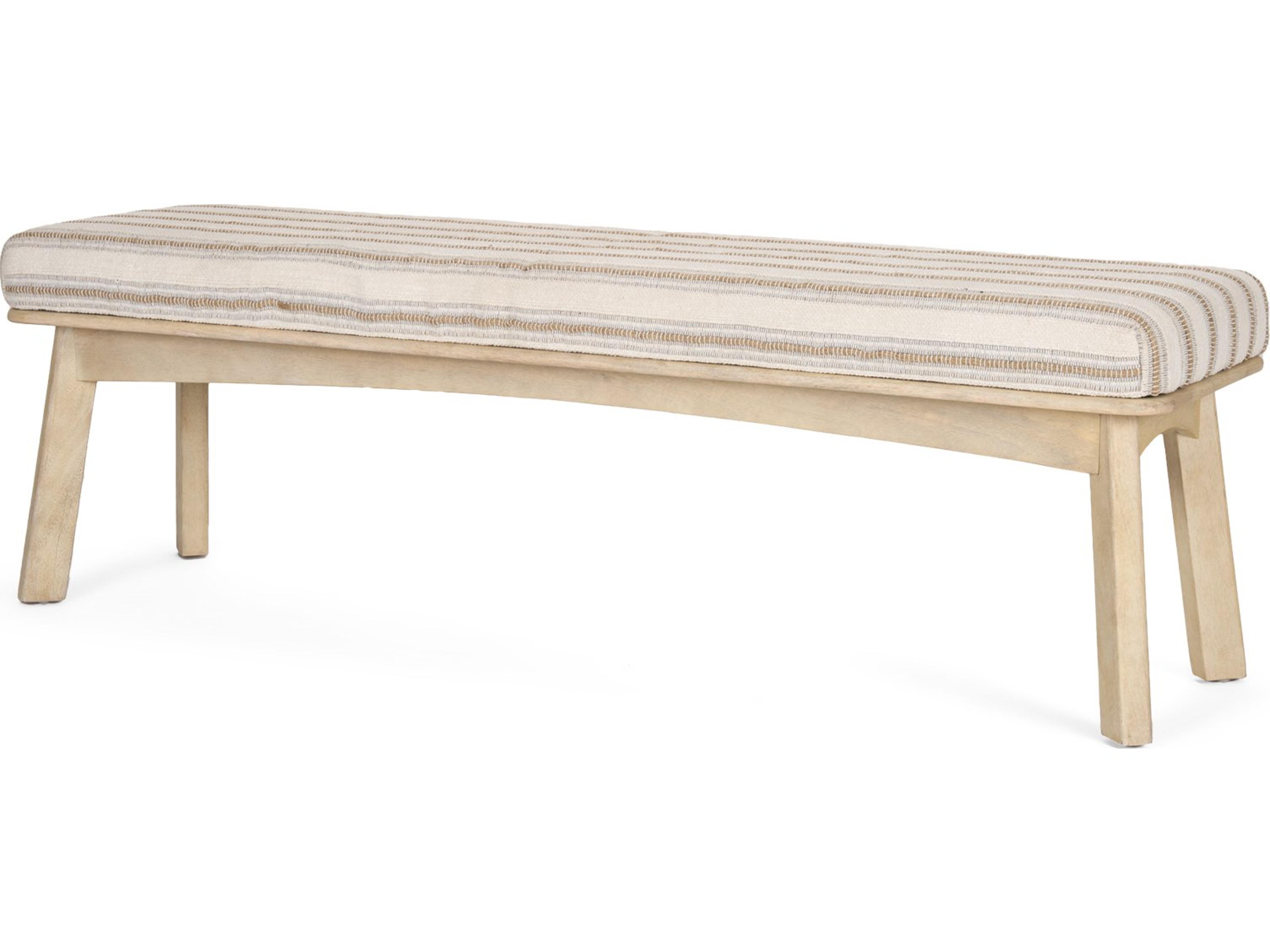 Mercana Taimo White Washed Light Brown Wood w/ Striped Fabric Seat Bench