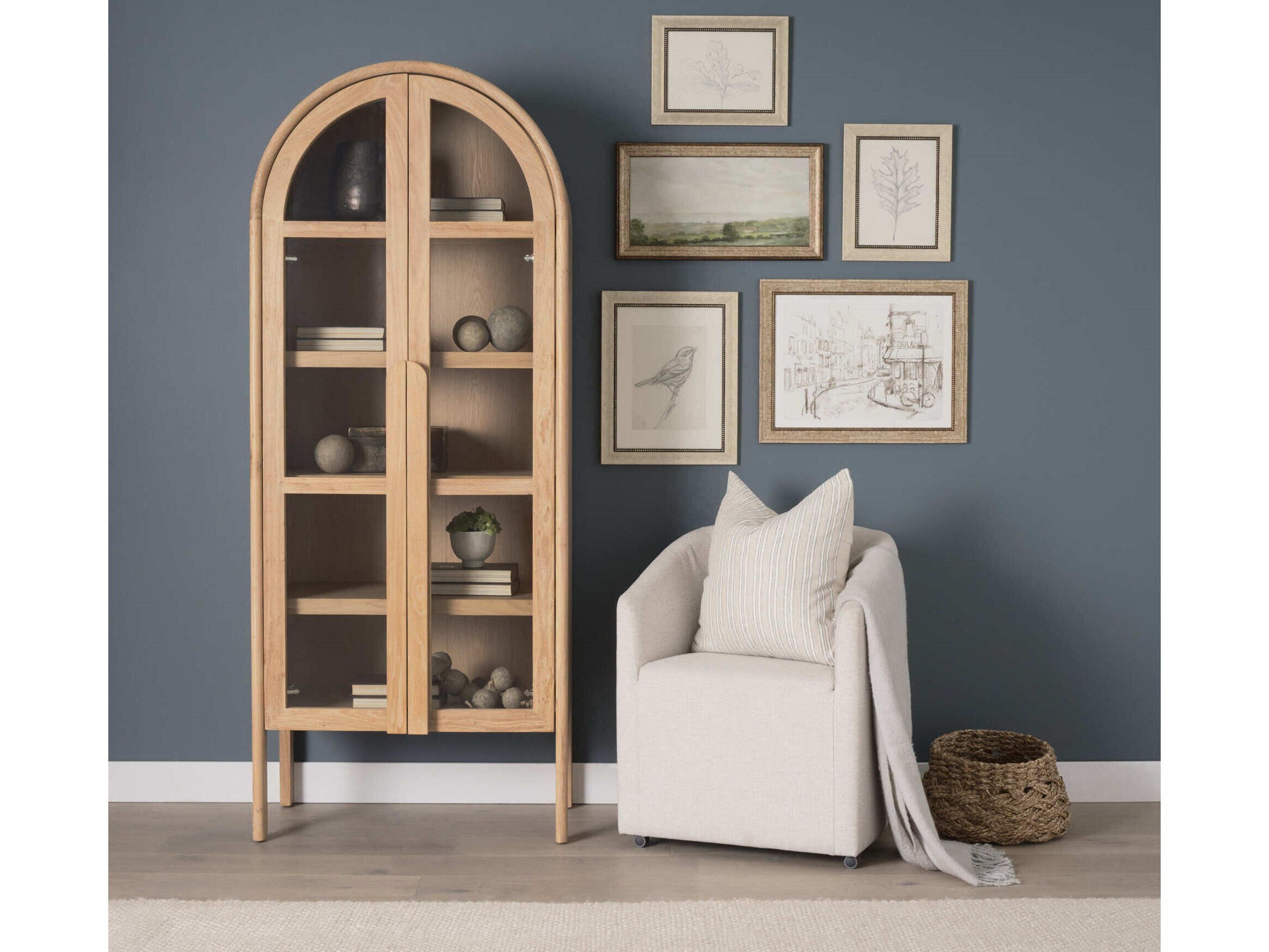 Mercana Callum Light Brown Elm Wood w/ Glass Doors  Arched Curio Cabinet