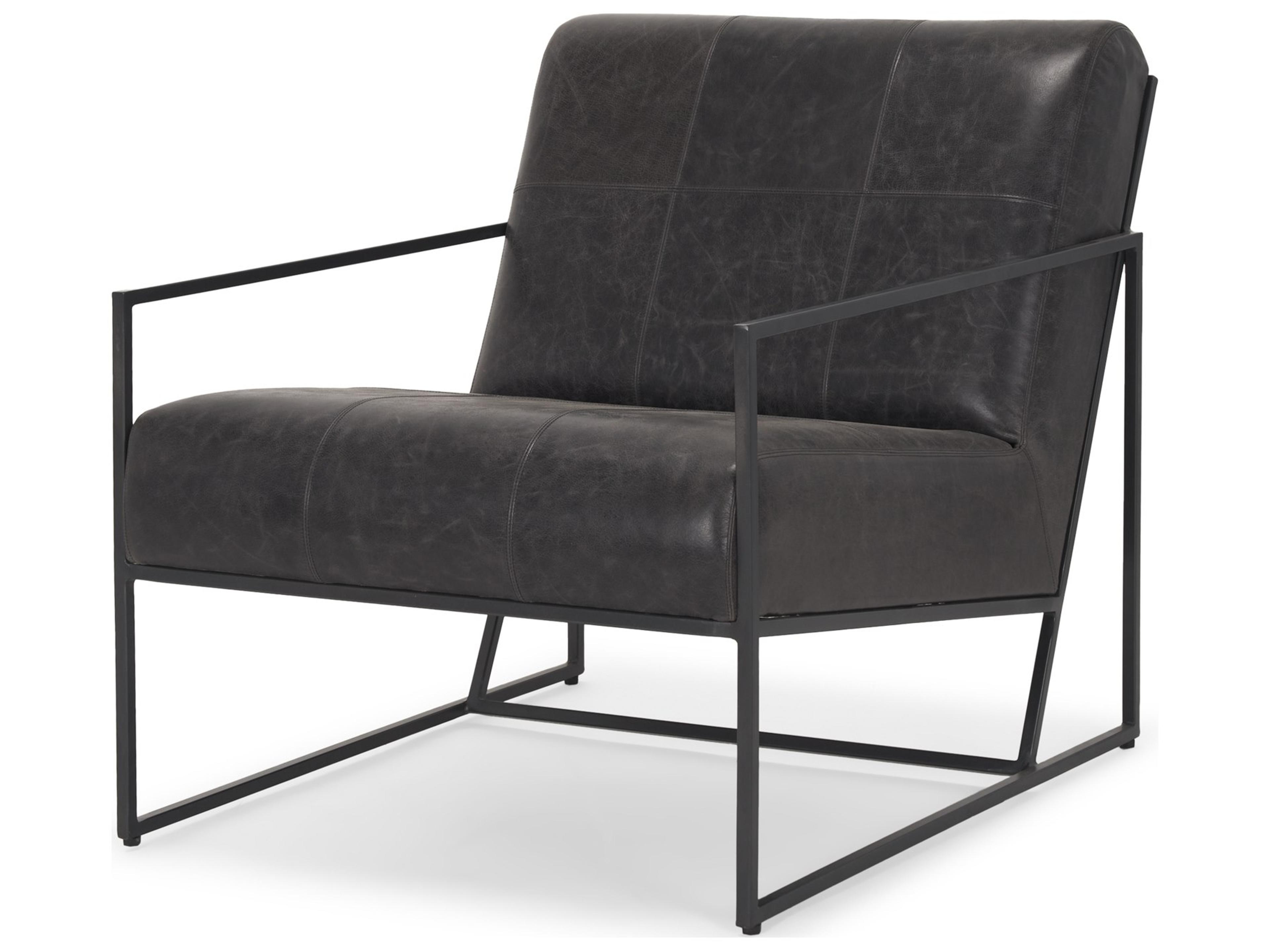 Stratton Gunmetal w/ Genuine Aged Black Leather Upholstered Accent Chair