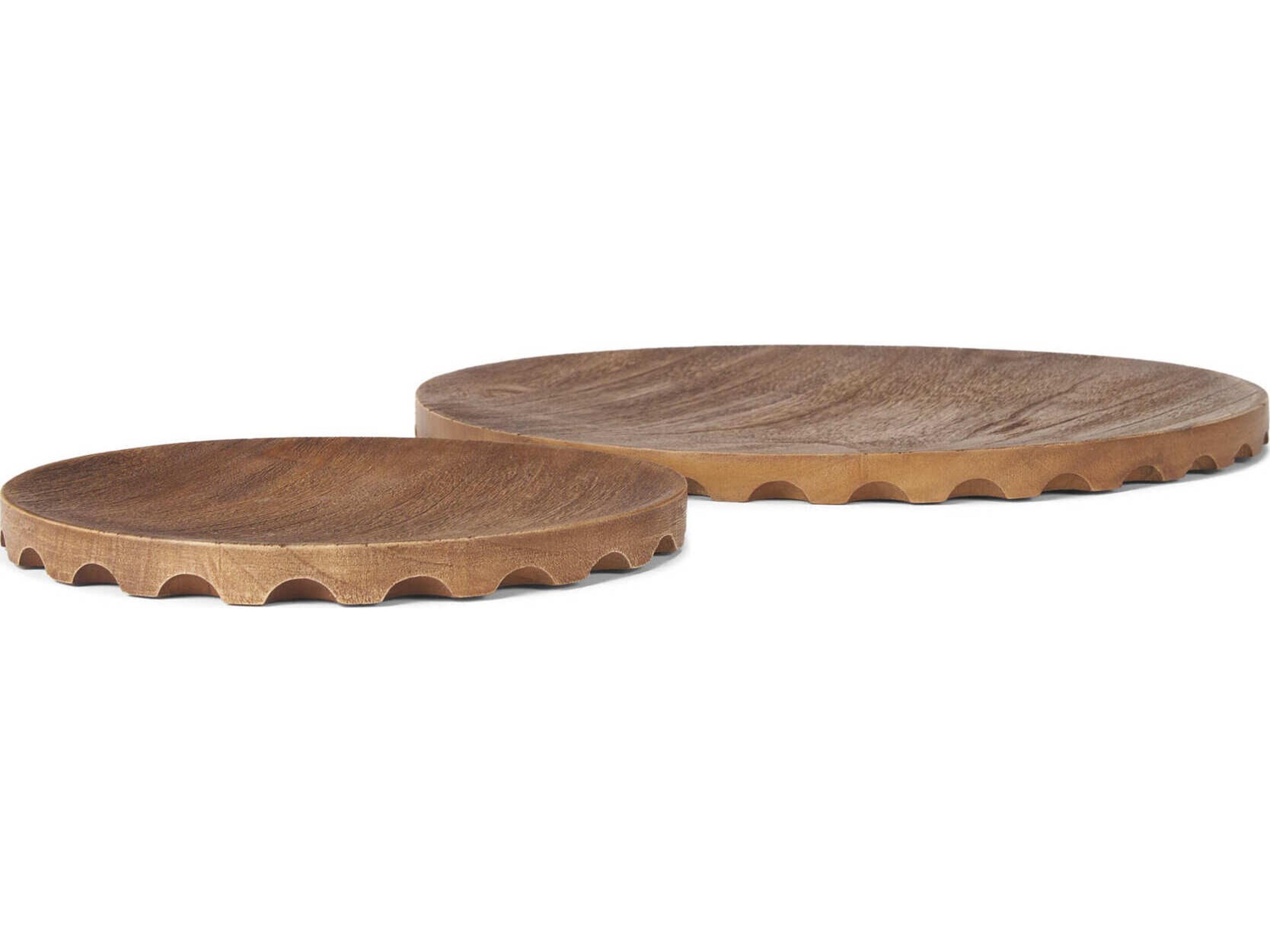 Mercana Waverly Round Light Brown Wood Scalloped Edged Trays