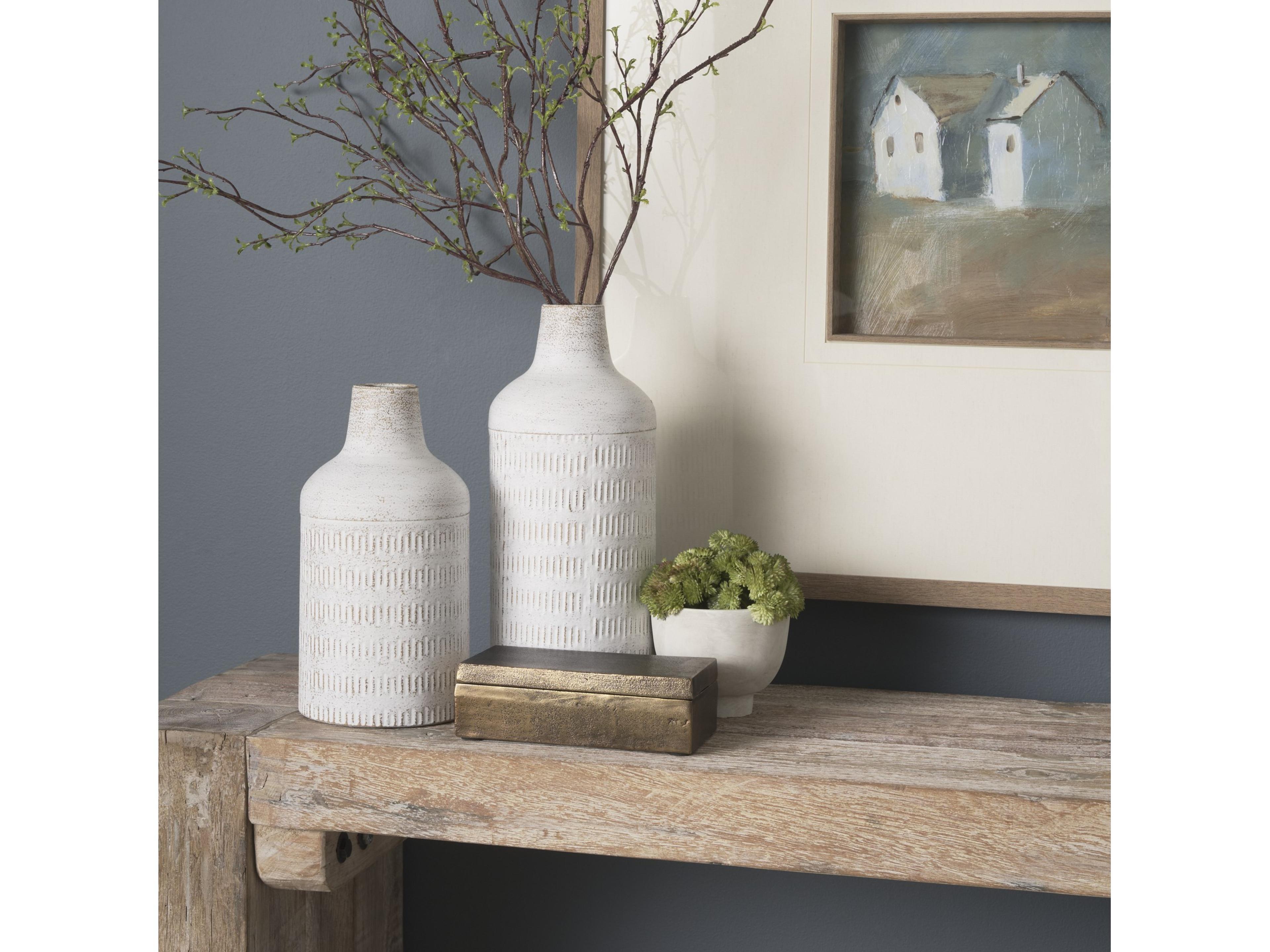 Mercana Tisha Small White W/ Terracotta Distressing Metal Vase