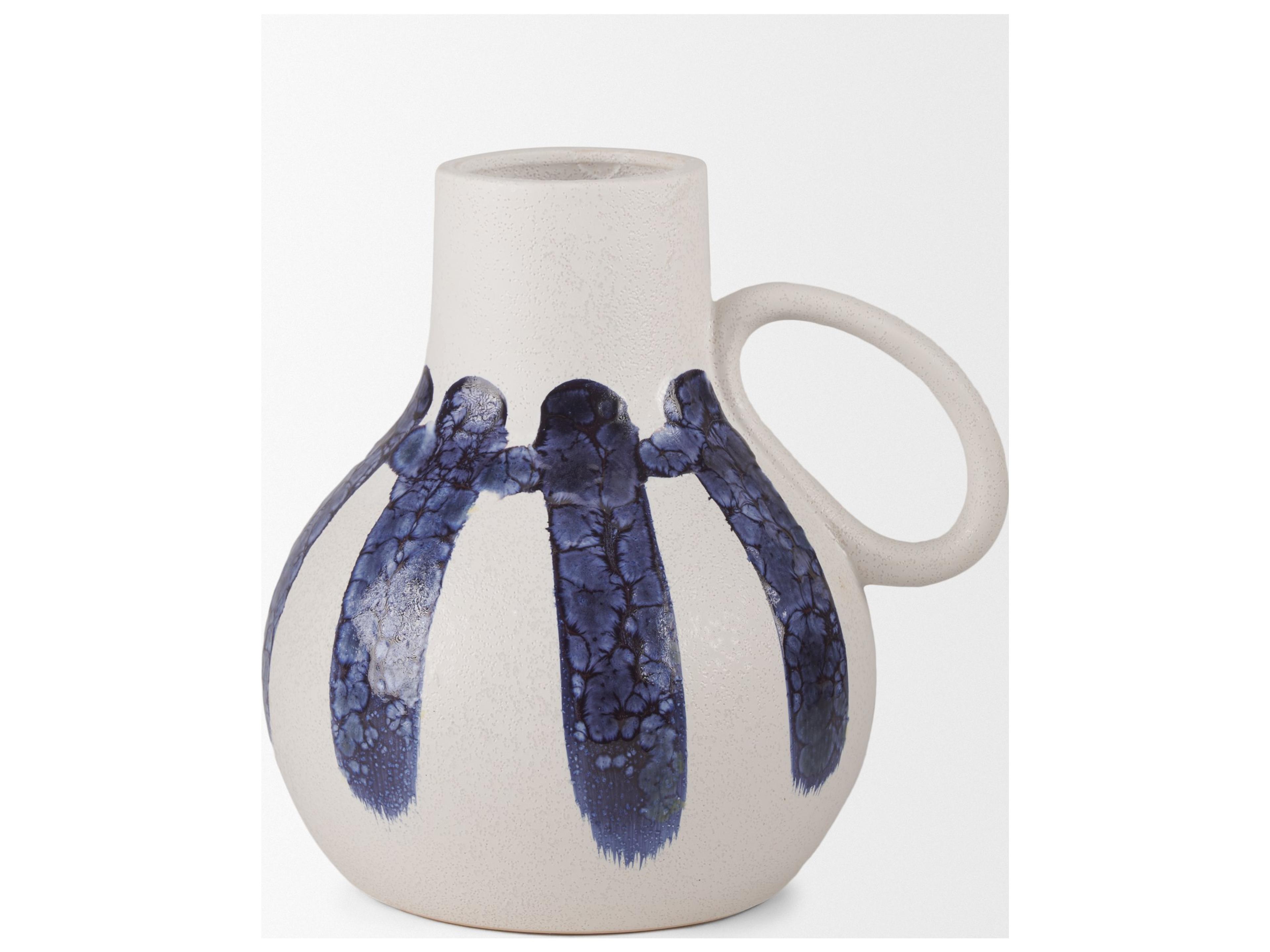 Mercana Truett White w/ Blue Stripes Ceramic Jug Vase