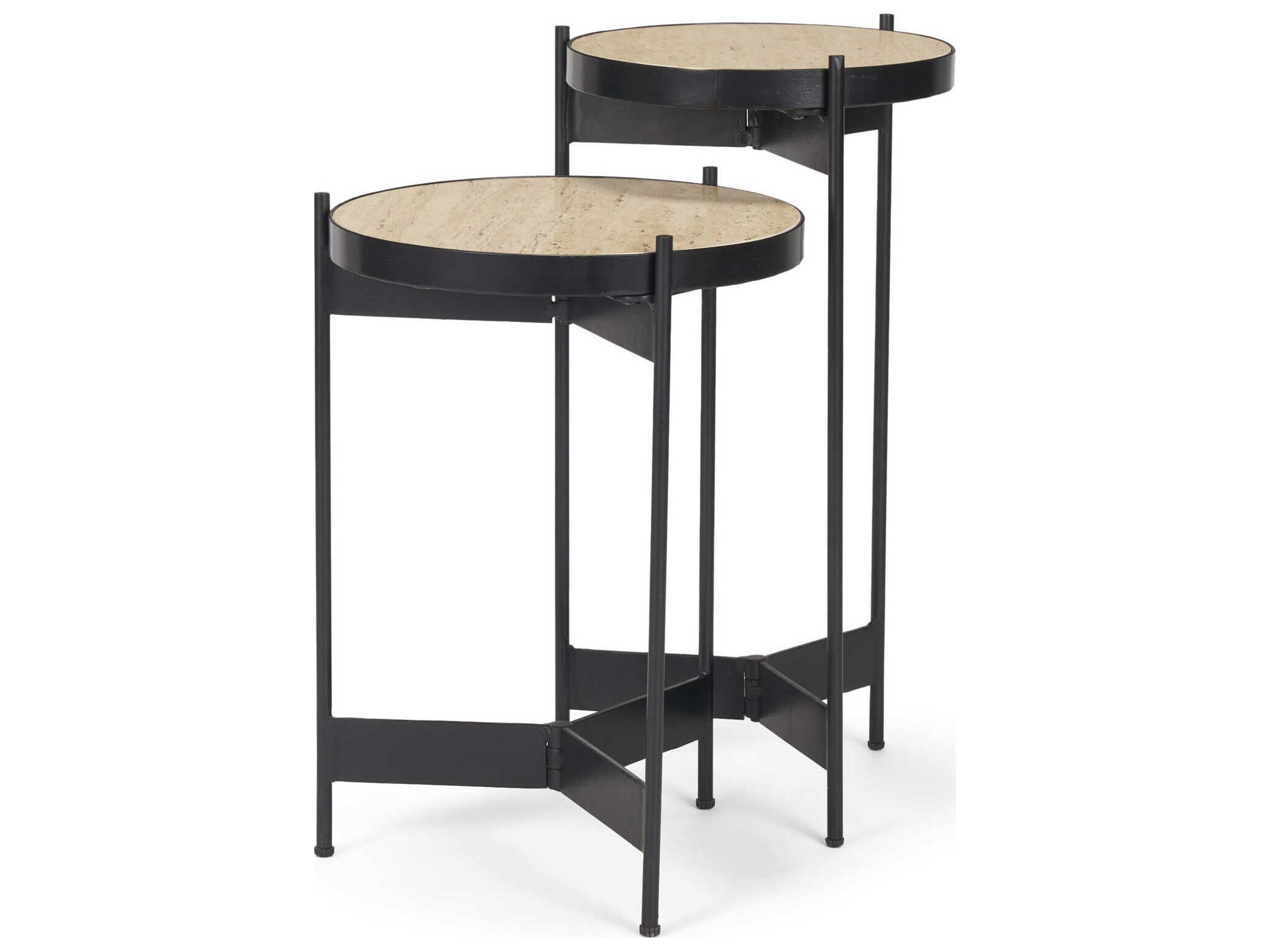 Wade Travertine Marble w/ Matte Black Metal End Tables