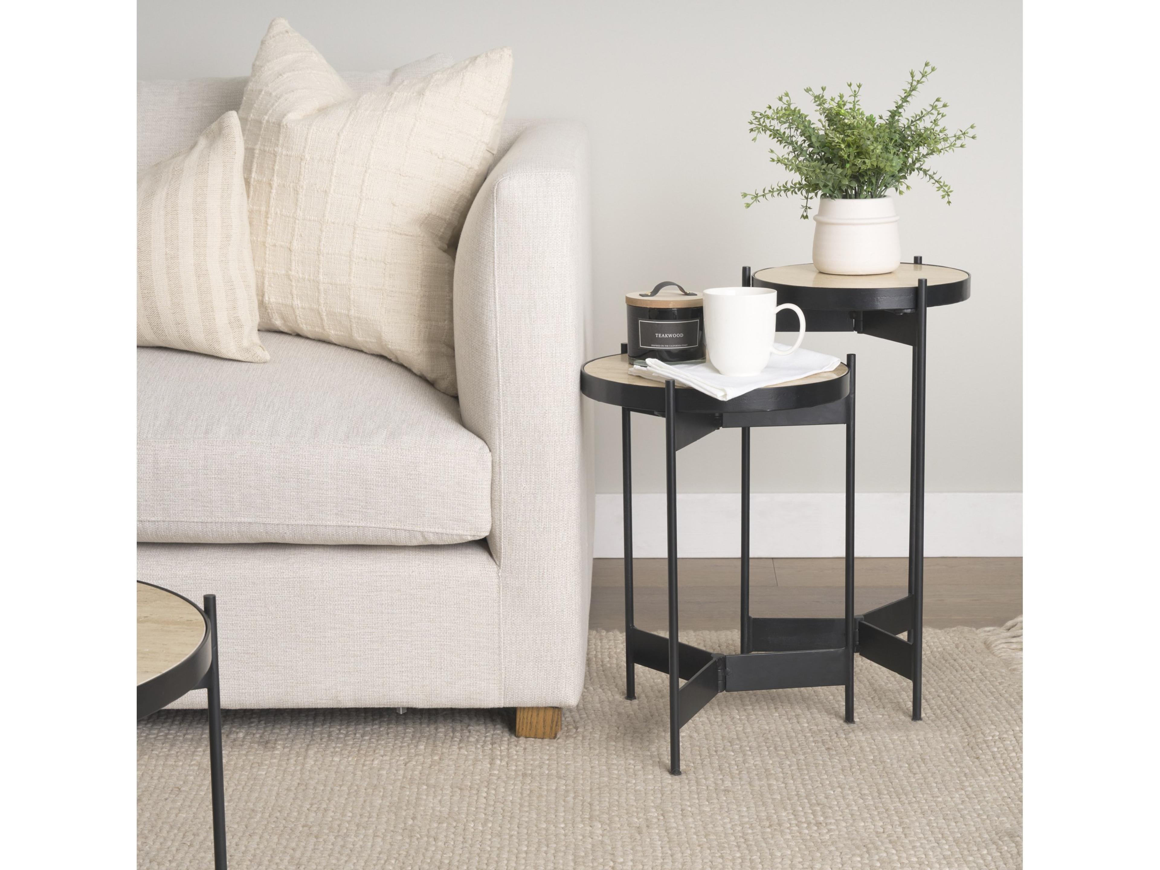 Mercana Wade Travertine Marble w/ Matte Black Metal End Tables