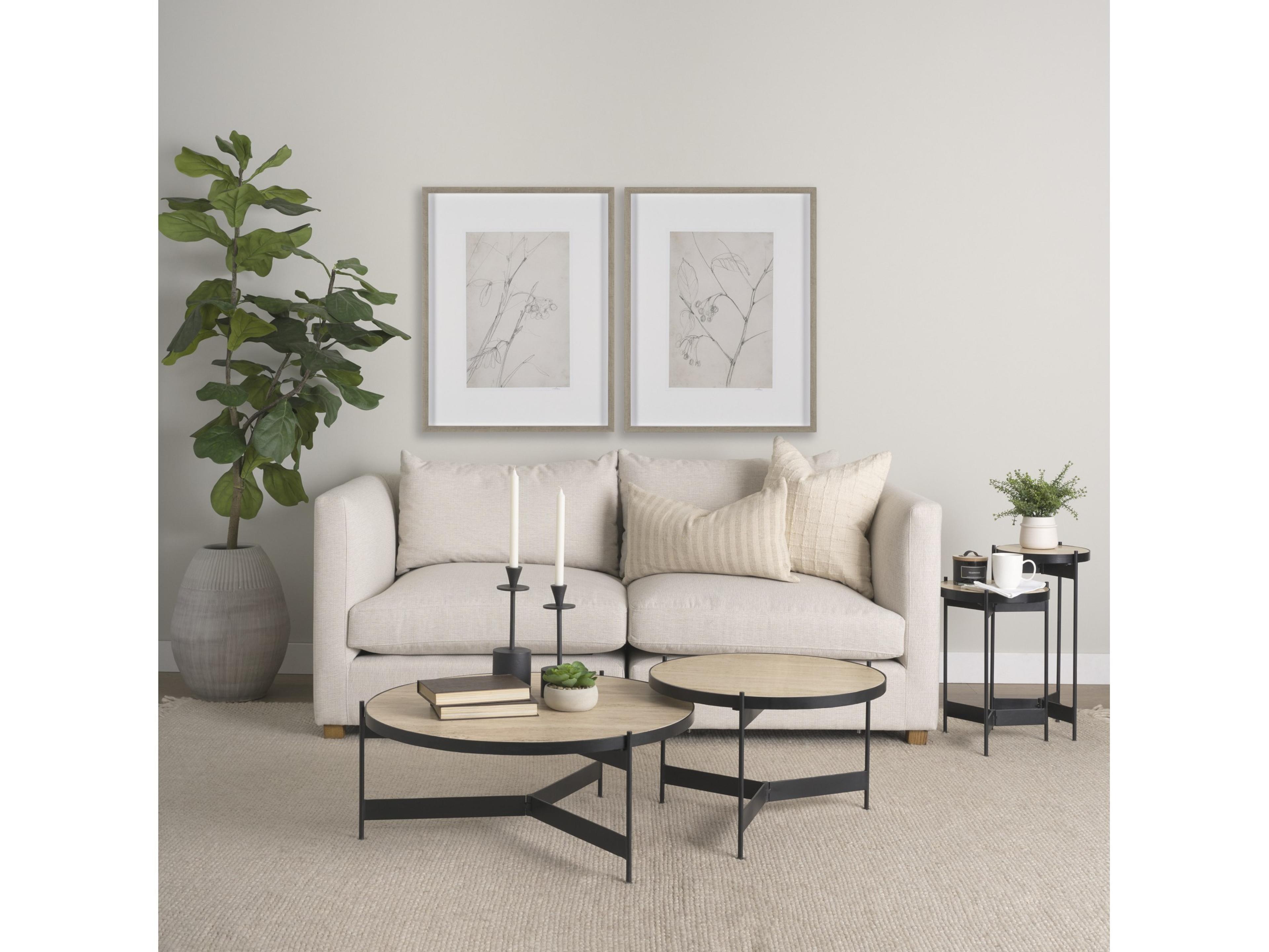 Mercana Wade Travertine Marble w/ Matte Black Metal End Tables