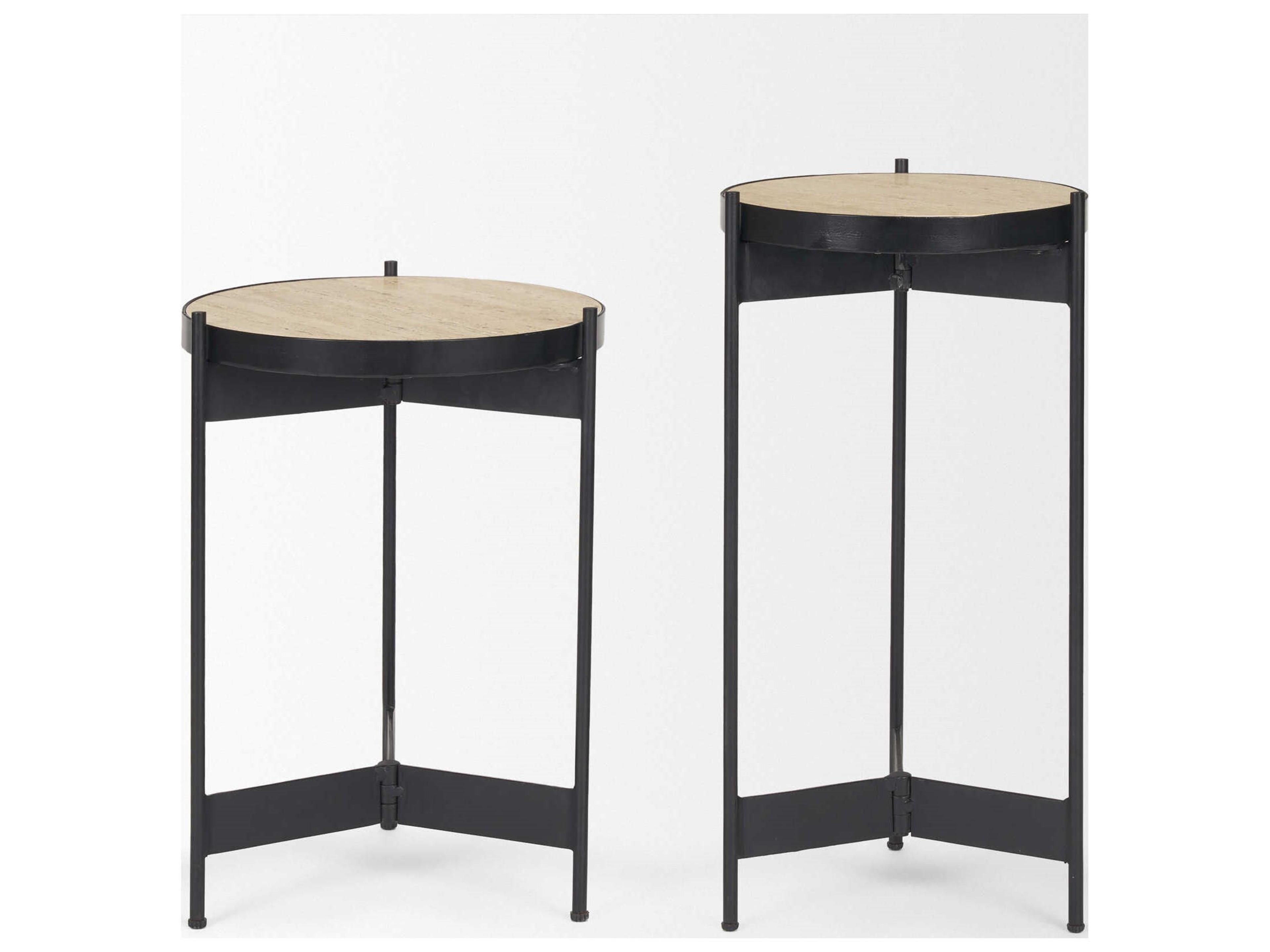Mercana Wade Travertine Marble w/ Matte Black Metal End Tables