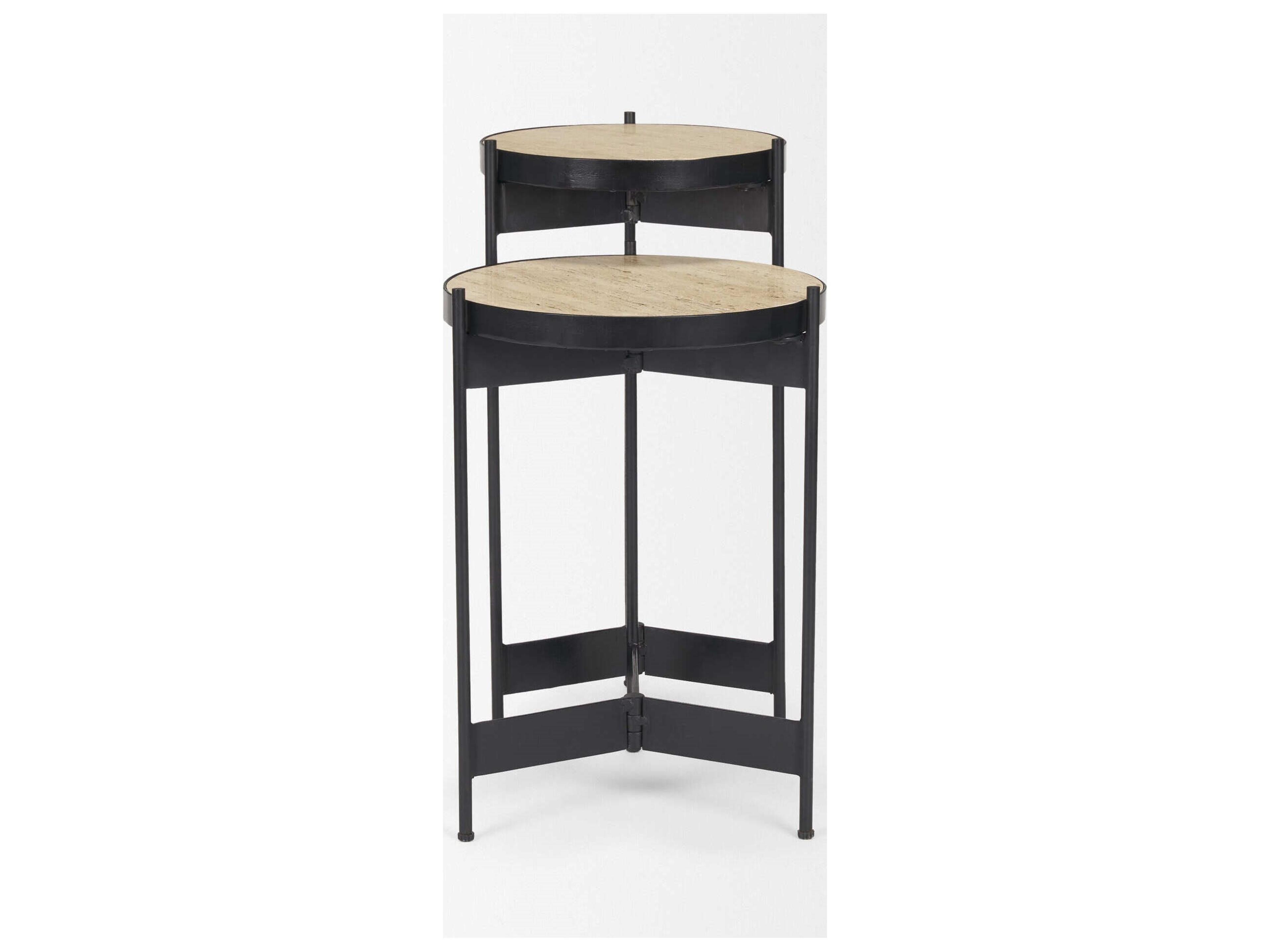 Mercana Wade Travertine Marble w/ Matte Black Metal End Tables
