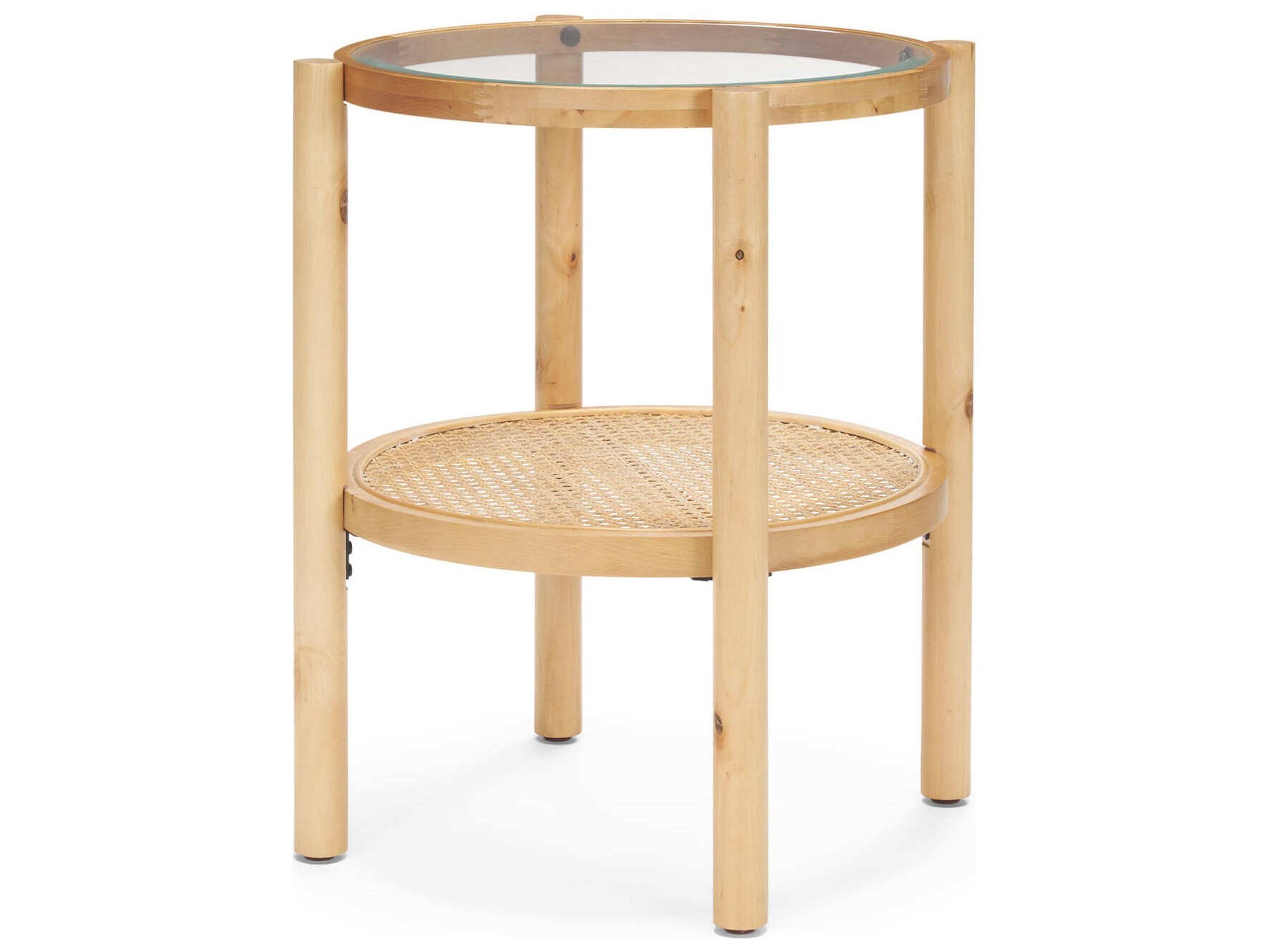 Weslyn Solid Light Brown Wood and Glass Top w/ Cane Side Table