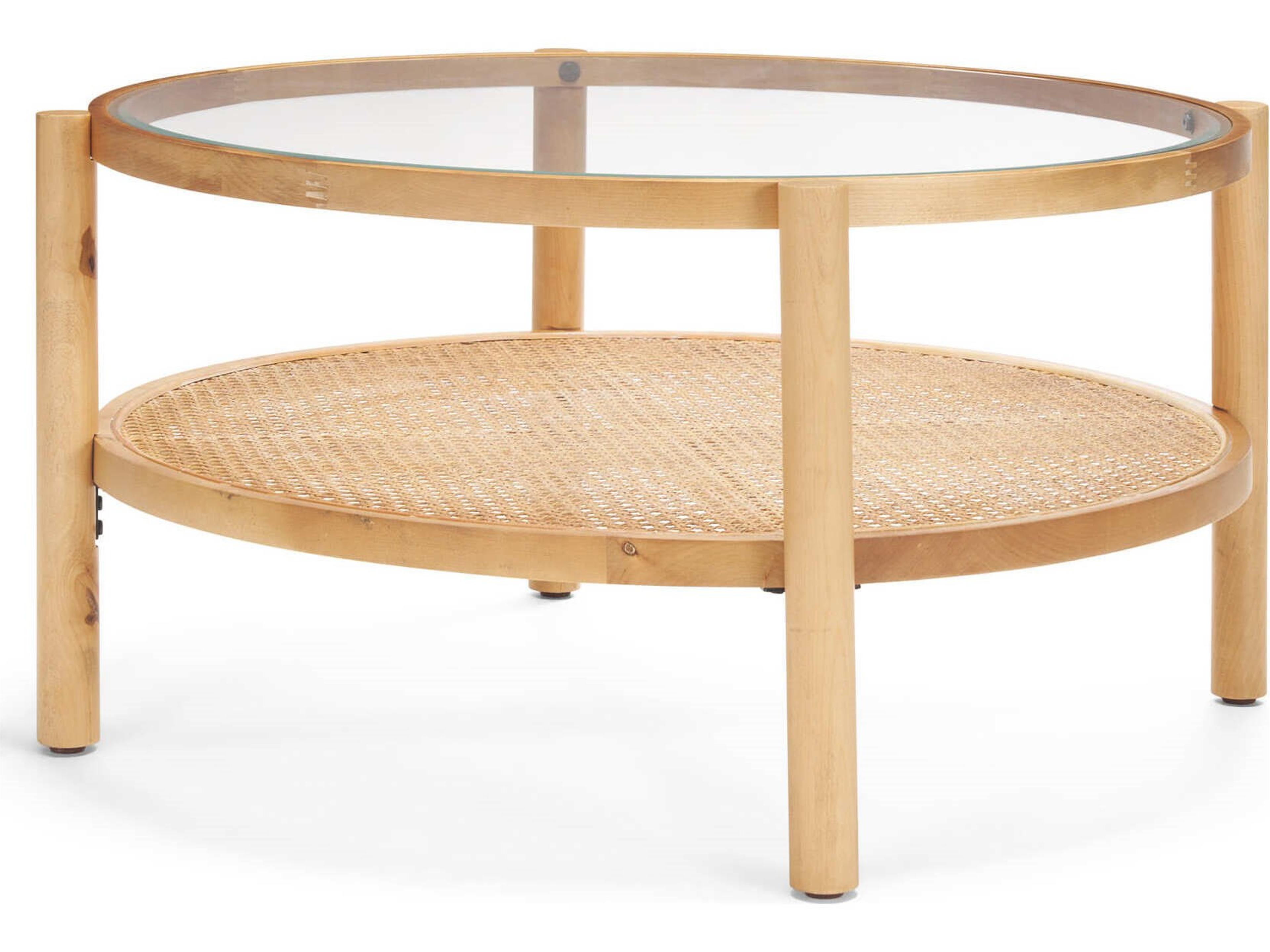 Weslyn Solid Light Brown Wood and Glass Top w/ Cane Coffee Table