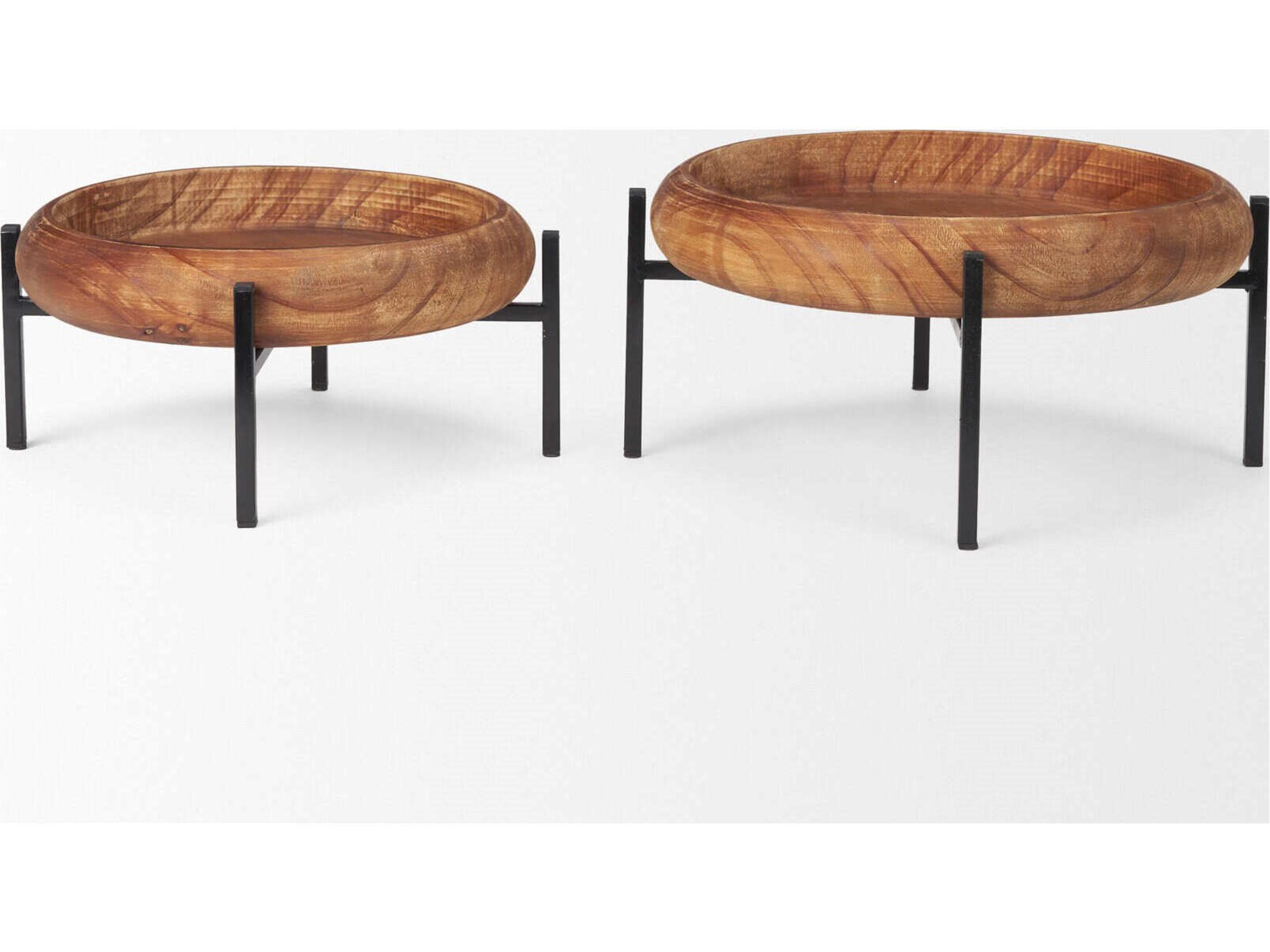 Mercana Wally Round Medium Brown Wood w/ Matte Black Metal Stand Trays