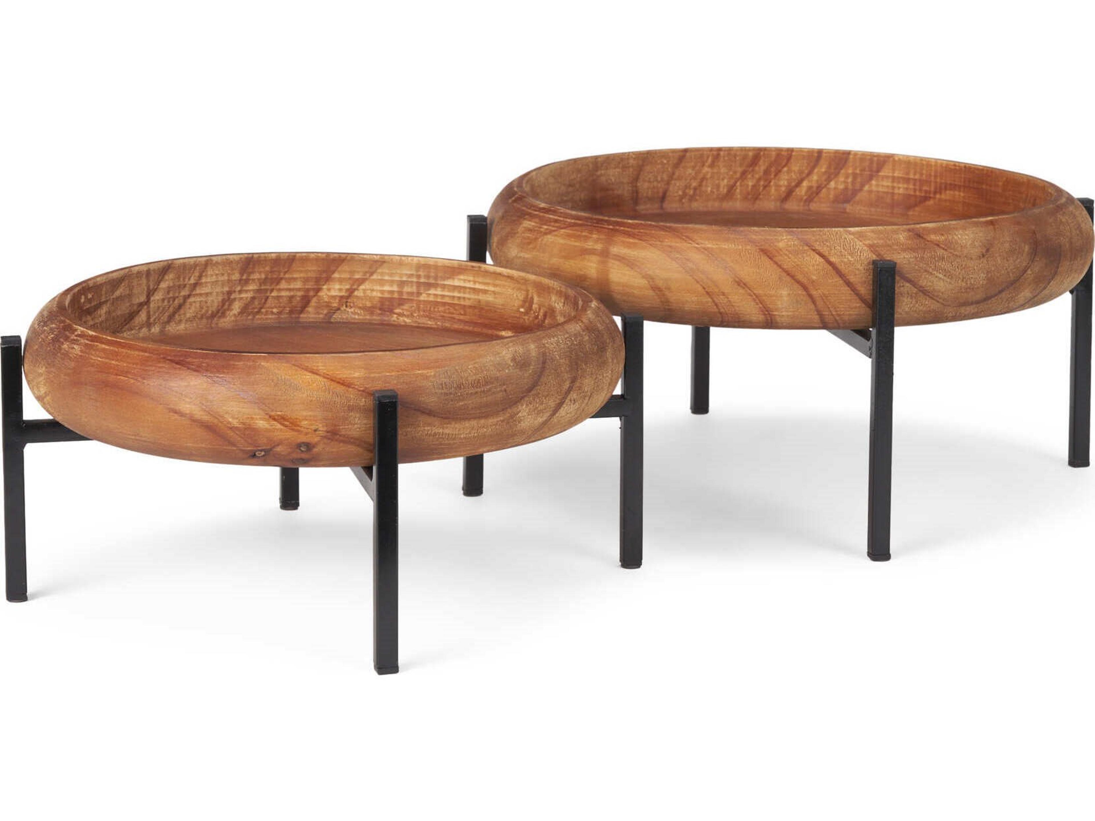 Mercana Wally Round Medium Brown Wood w/ Matte Black Metal Stand Trays