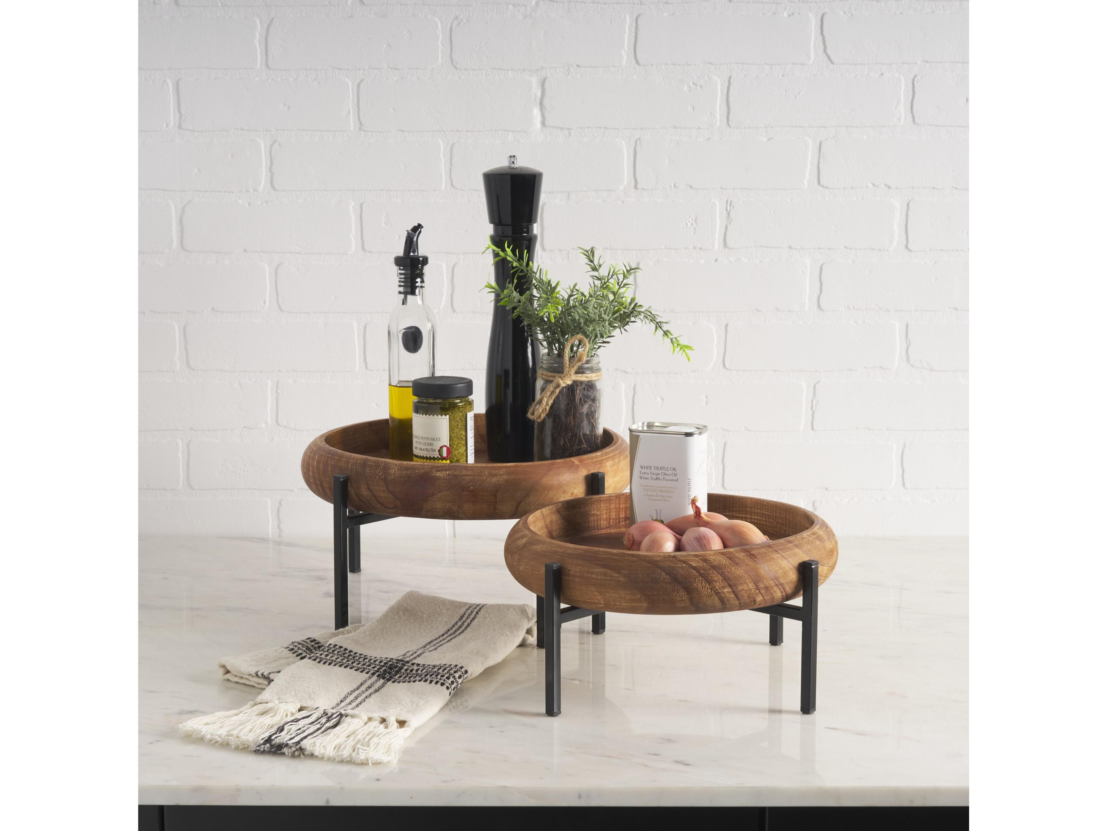 Mercana Wally Round Medium Brown Wood w/ Matte Black Metal Stand Trays