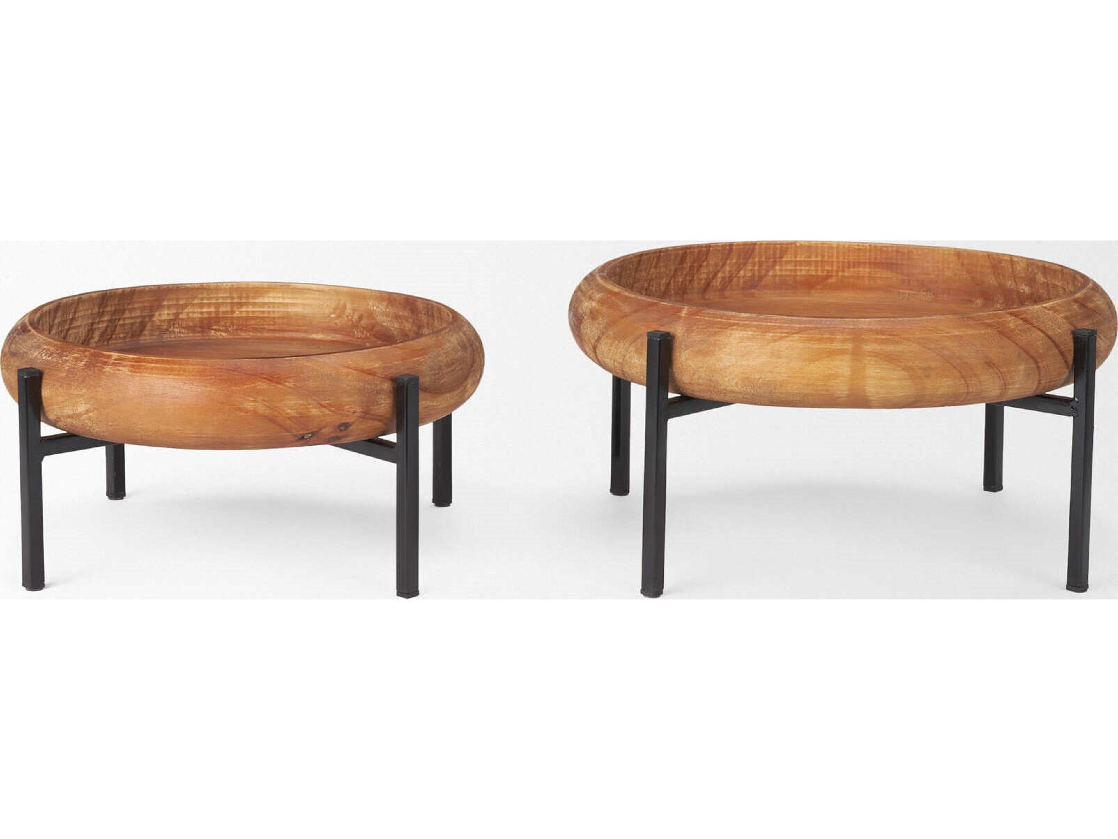 Mercana Wally Round Medium Brown Wood w/ Matte Black Metal Stand Trays