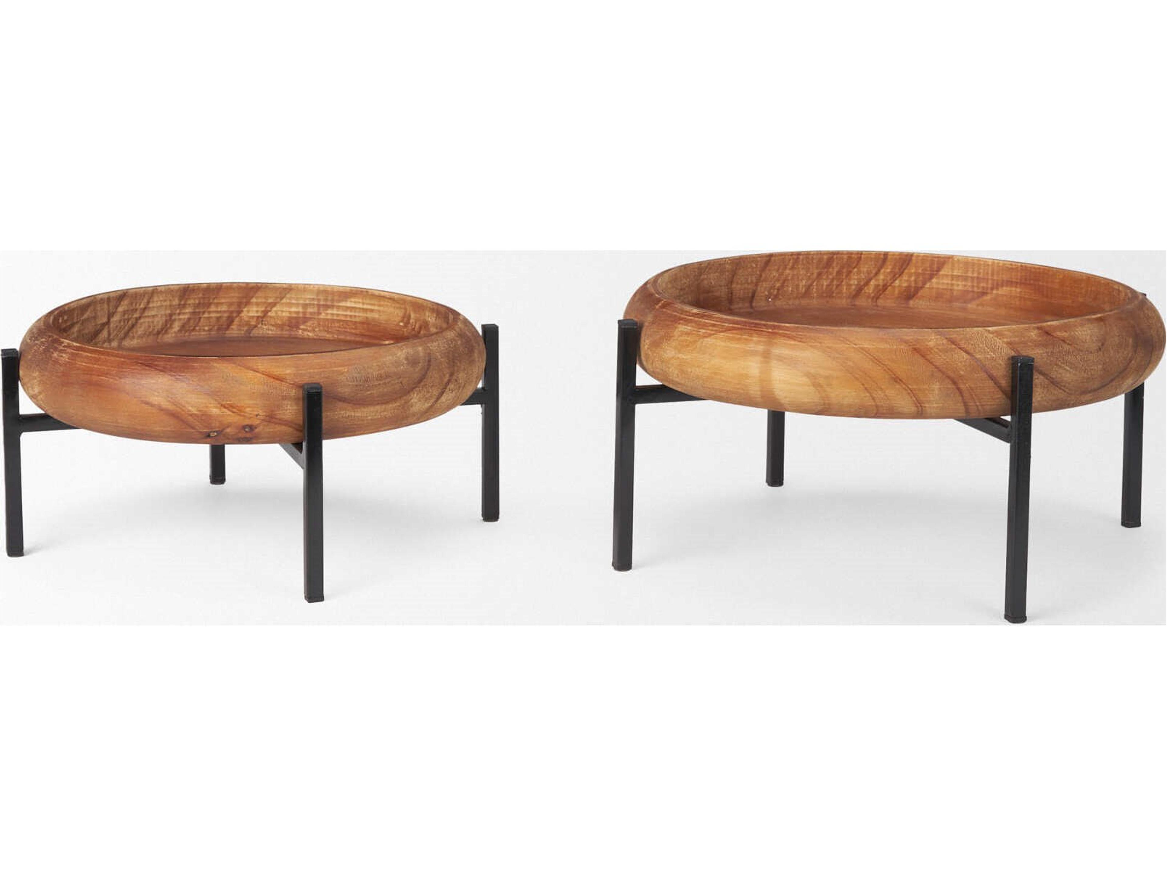 Mercana Wally Round Medium Brown Wood w/ Matte Black Metal Stand Trays