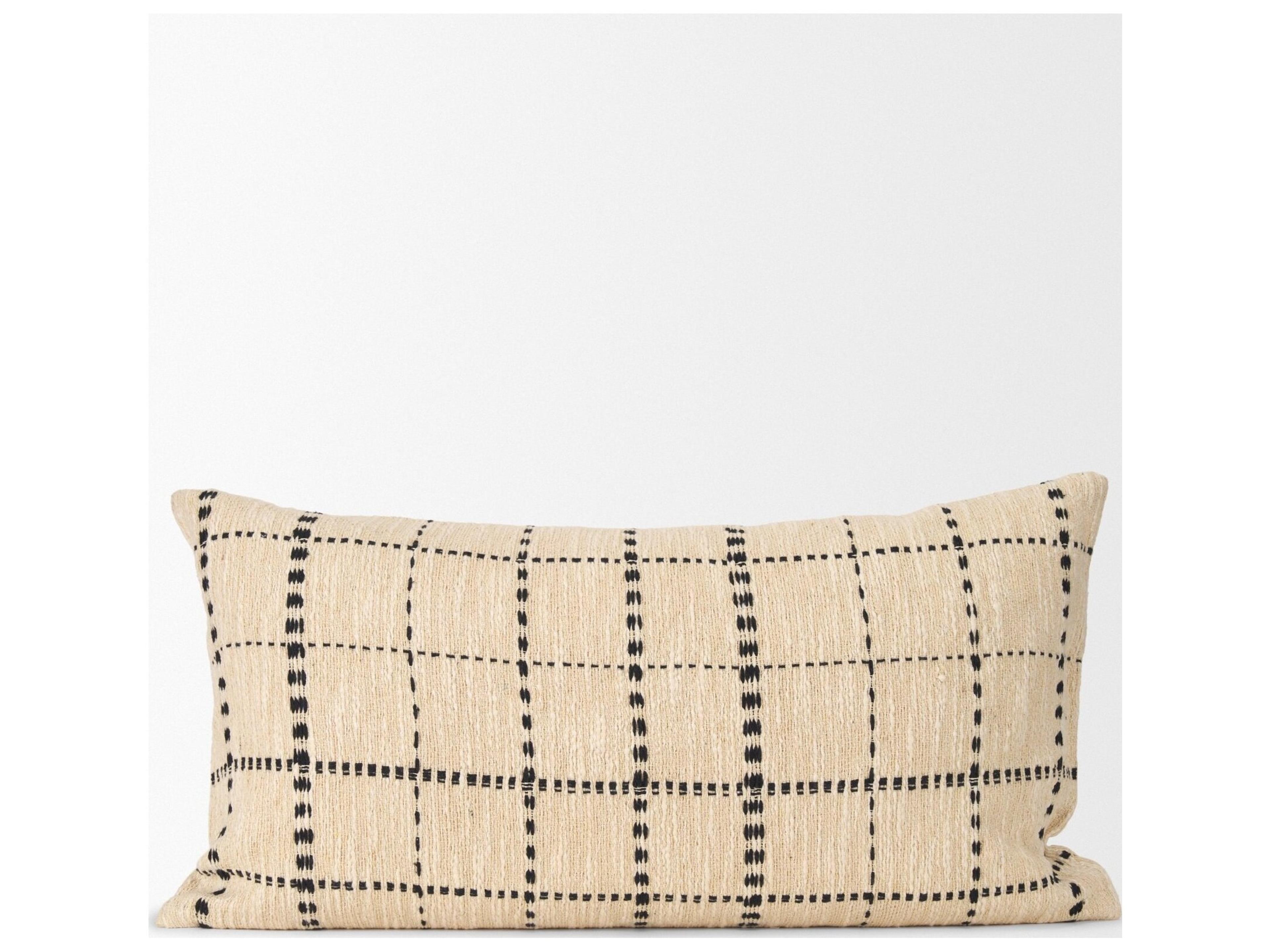 Mercana Jaela Beige and Black Striped Checkered Decorative Lumbar Pillow Cover
