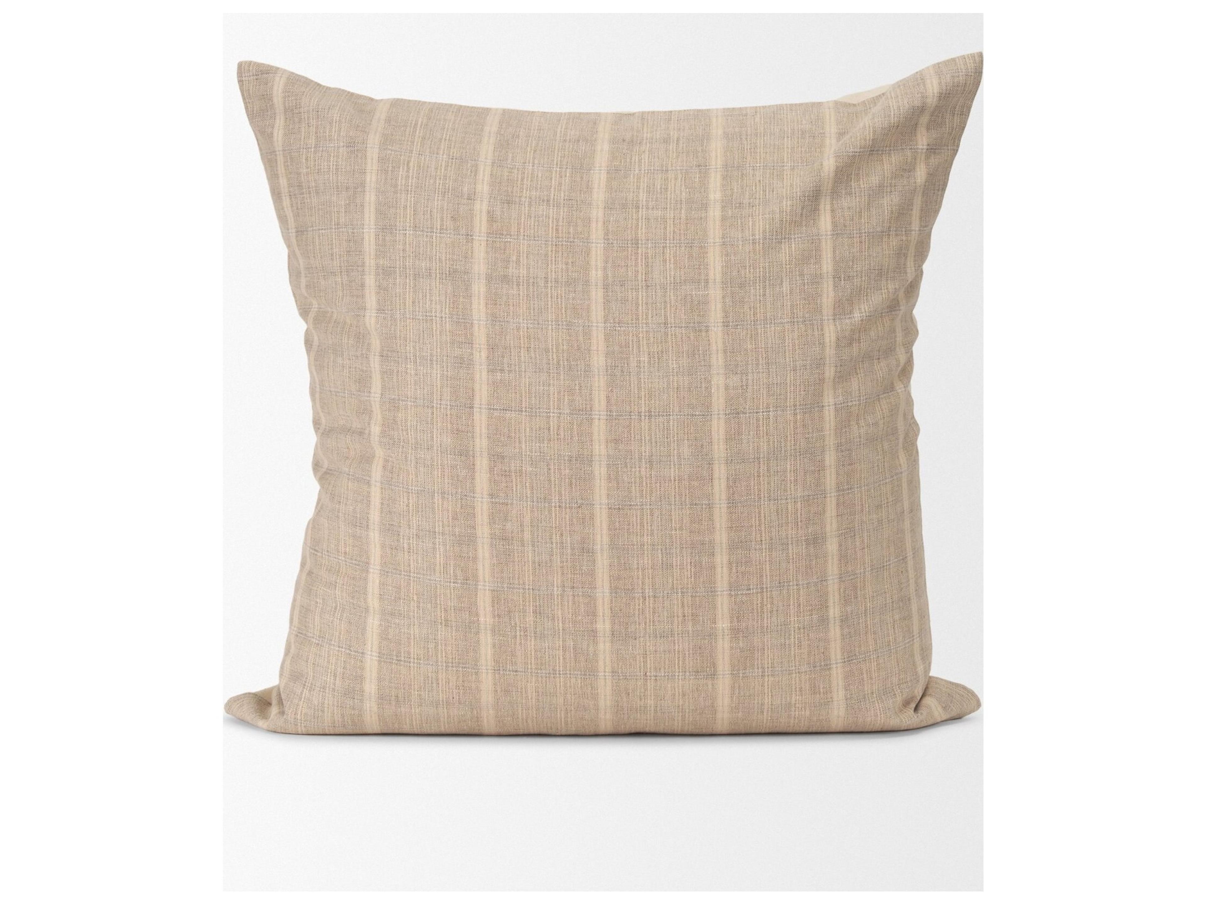 Mercana Jensen Beige and Gray Plaid Cotton-Linen Decorative Square Pillow Cover