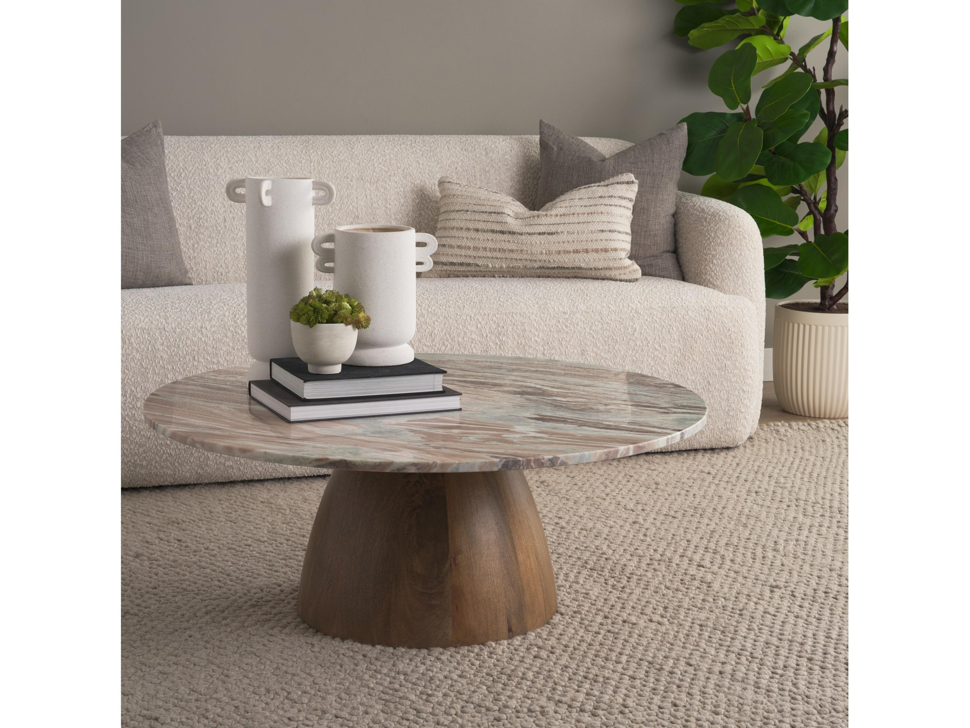 Mercana Allyson Round Brown Pedestal w/ Pink Marble Top Coffee Table