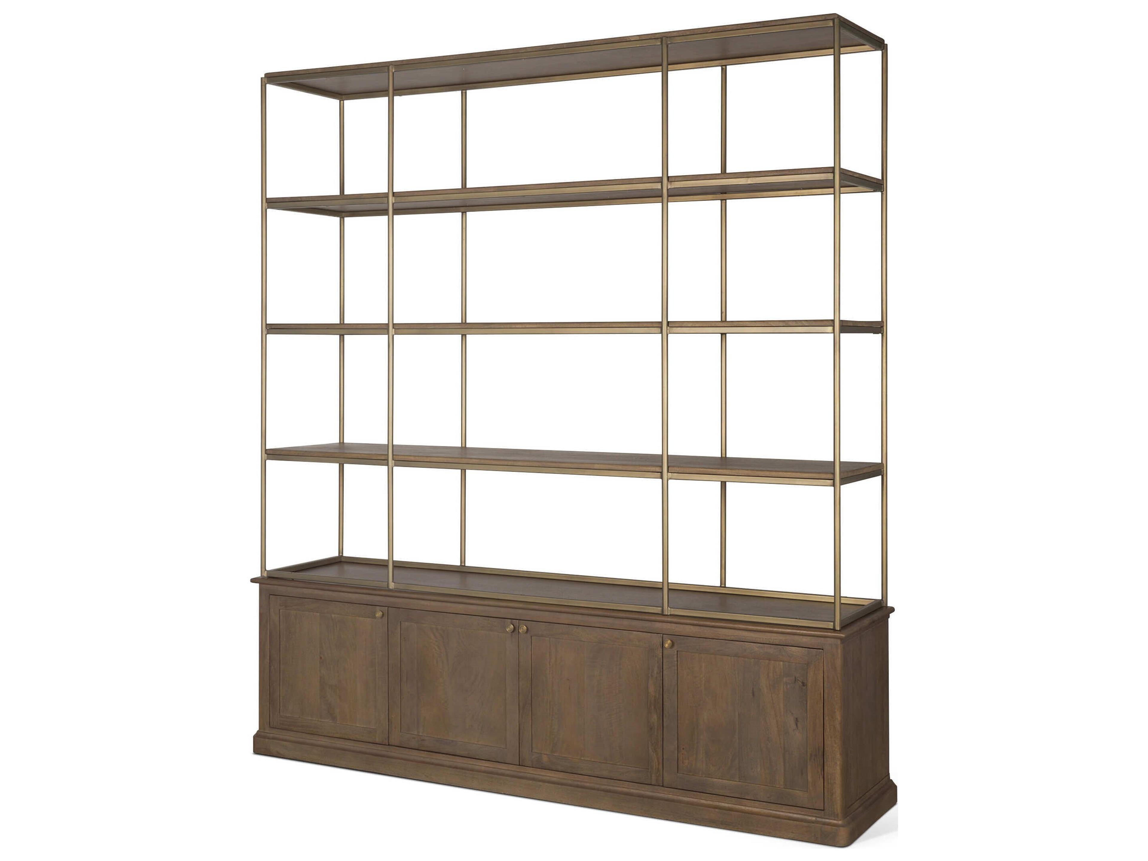 Baron 4-Door Dark Brown Wood w/ Antique Brass Metal Open Shelving Unit