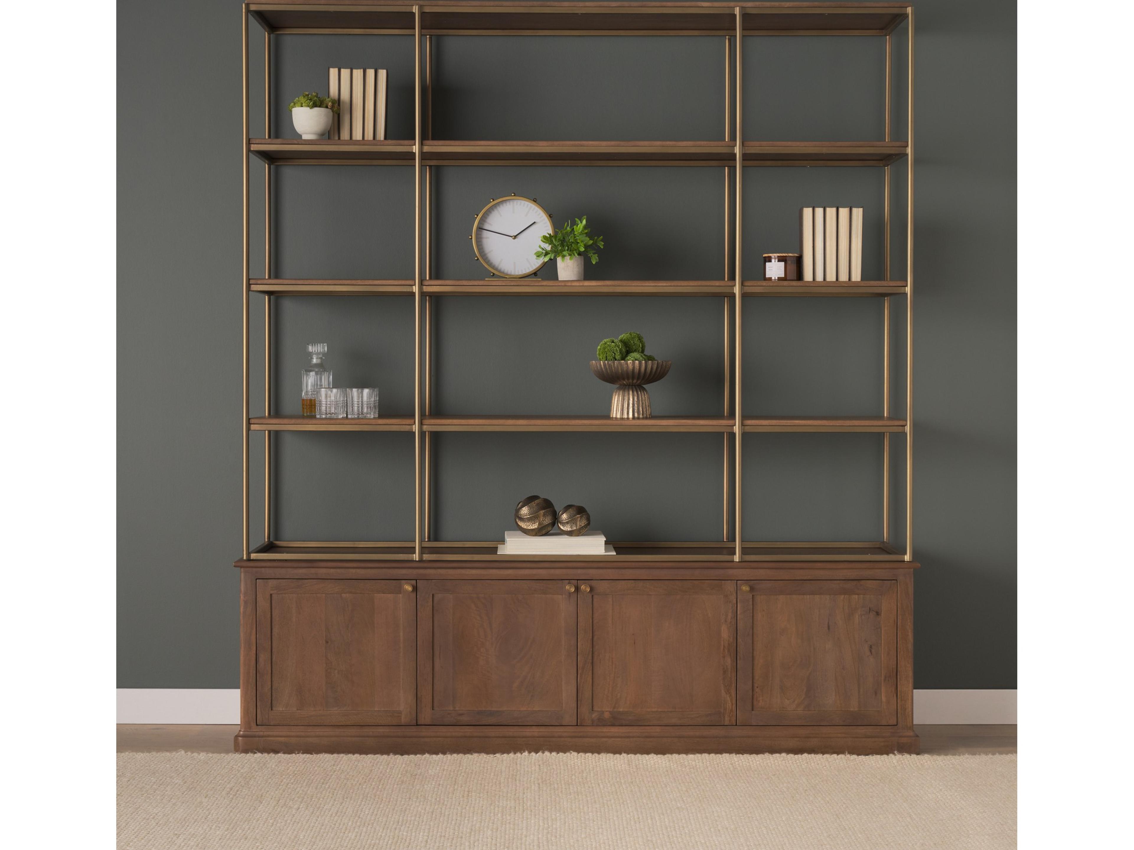 Mercana Baron 4-Door Dark Brown Wood w/ Antique Brass Metal Open Shelving Unit