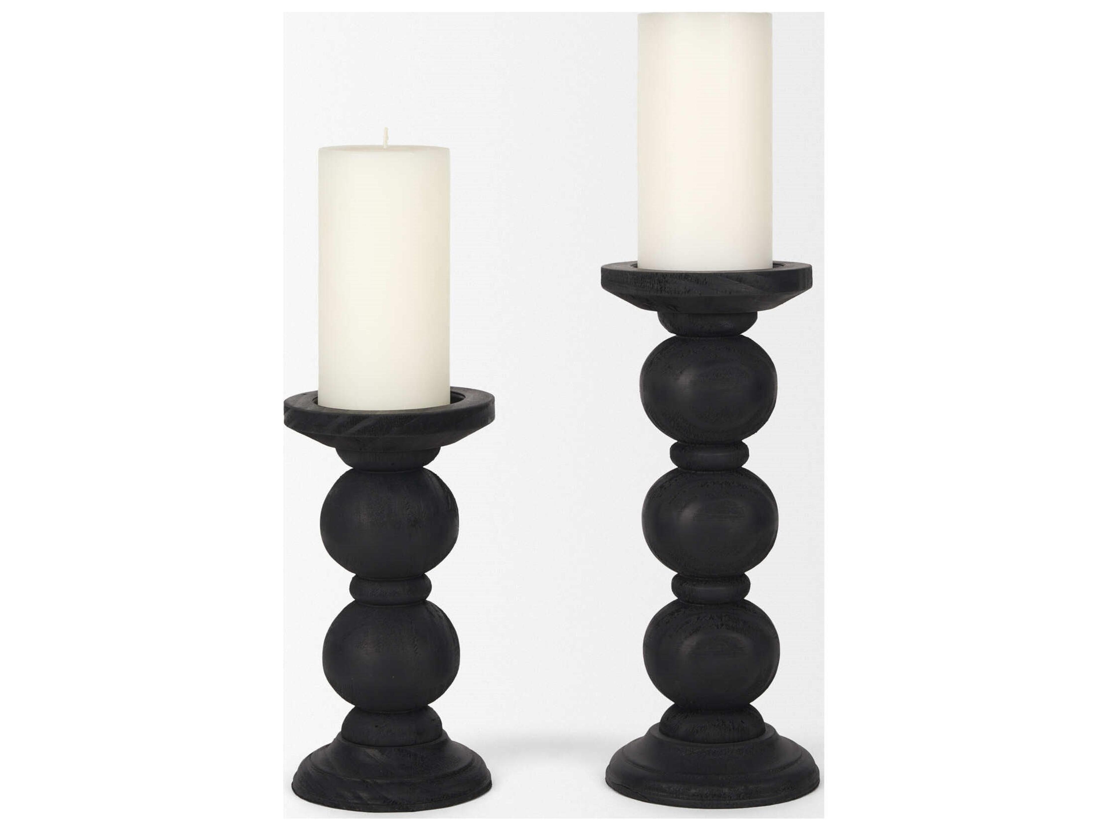 Mercana Wanda Matte Black Wood Pillar Candle Holders (Set of 2)