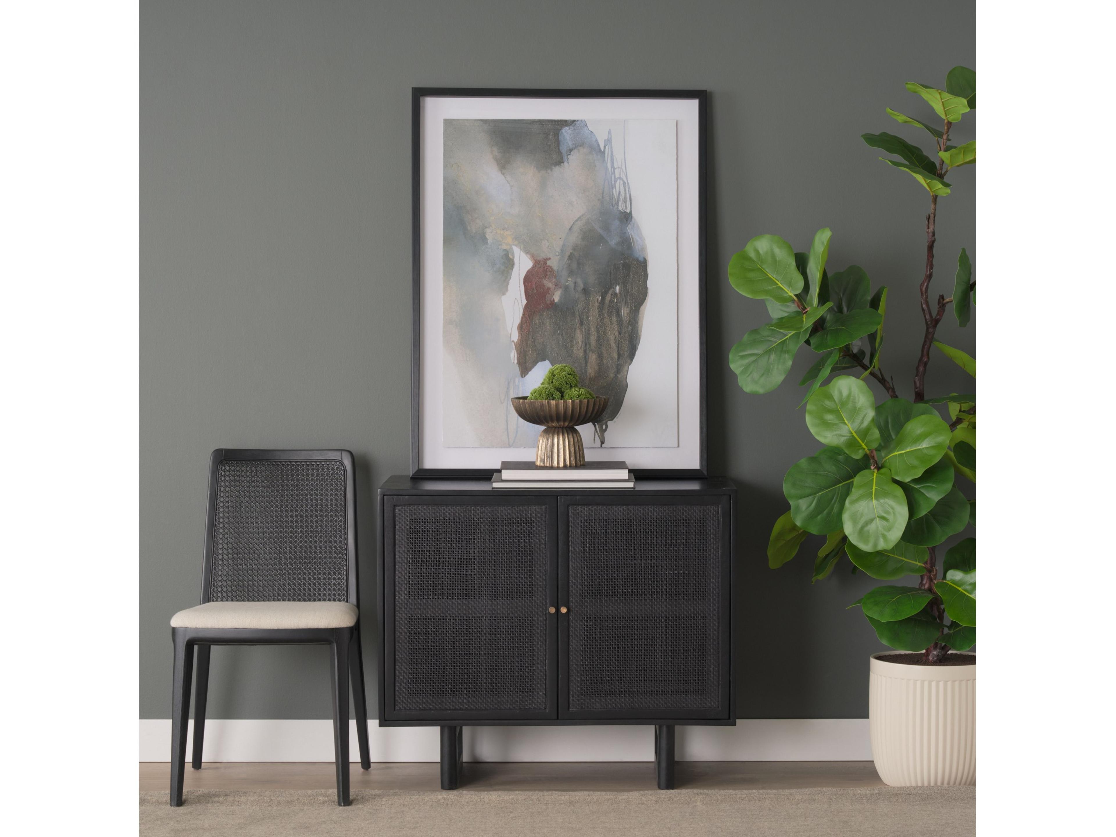 Mercana Grier Matte Black Stained Wood w/ Black Cane Accent Cabinet