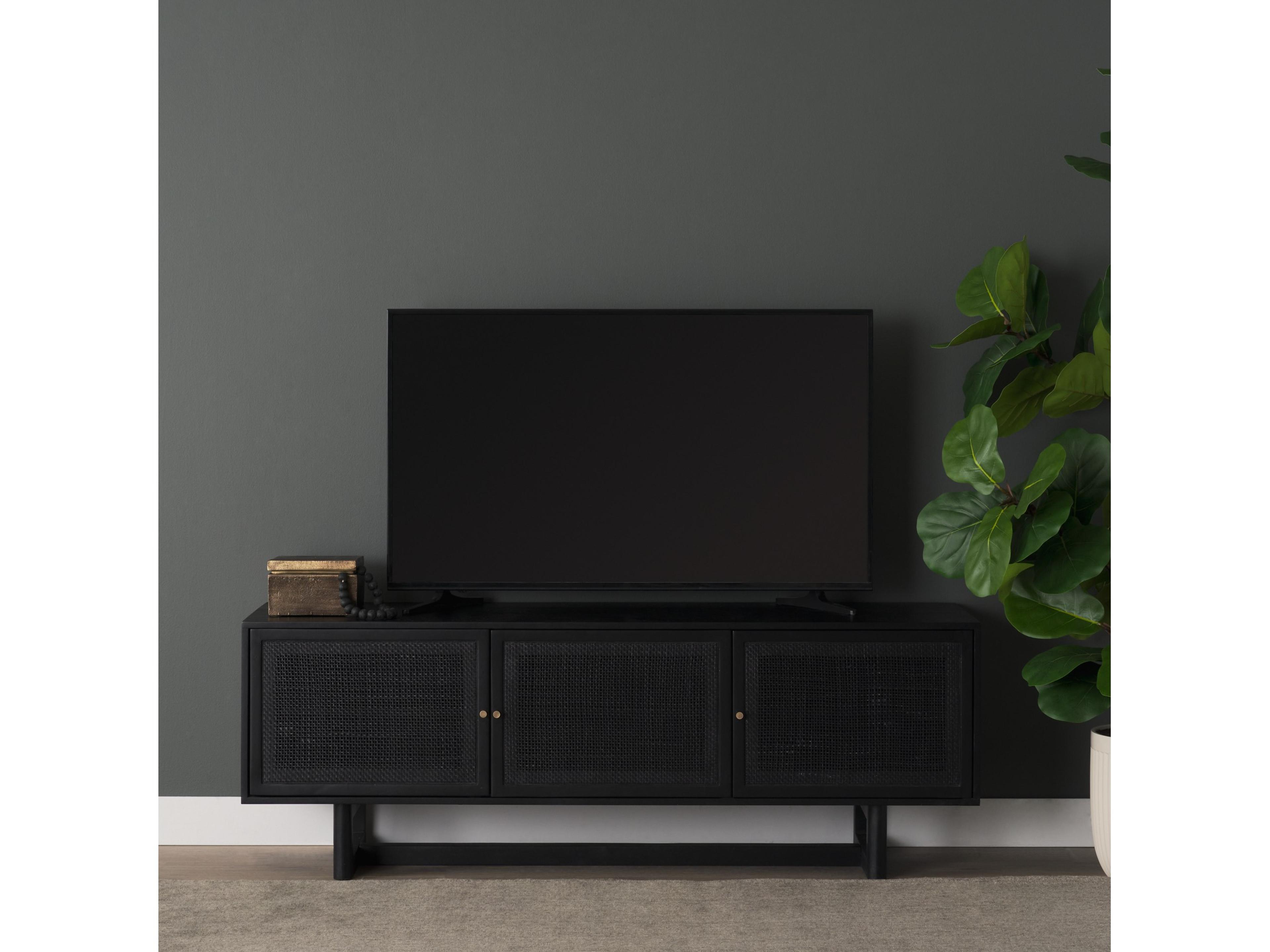 Mercana Grier 65" Black Solid Wood W/ Black Cane Media Console