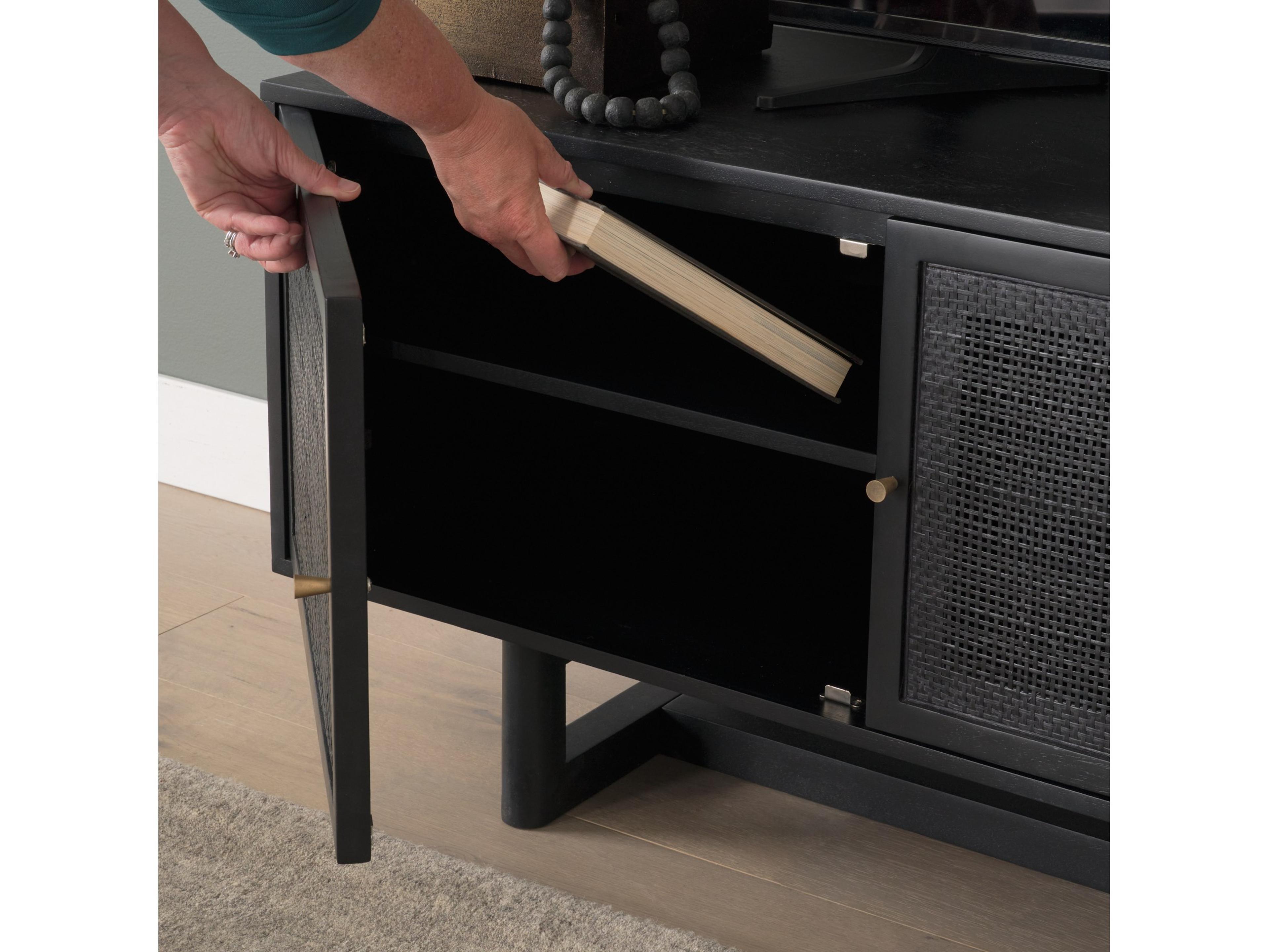 Mercana Grier 65" Black Solid Wood W/ Black Cane Media Console