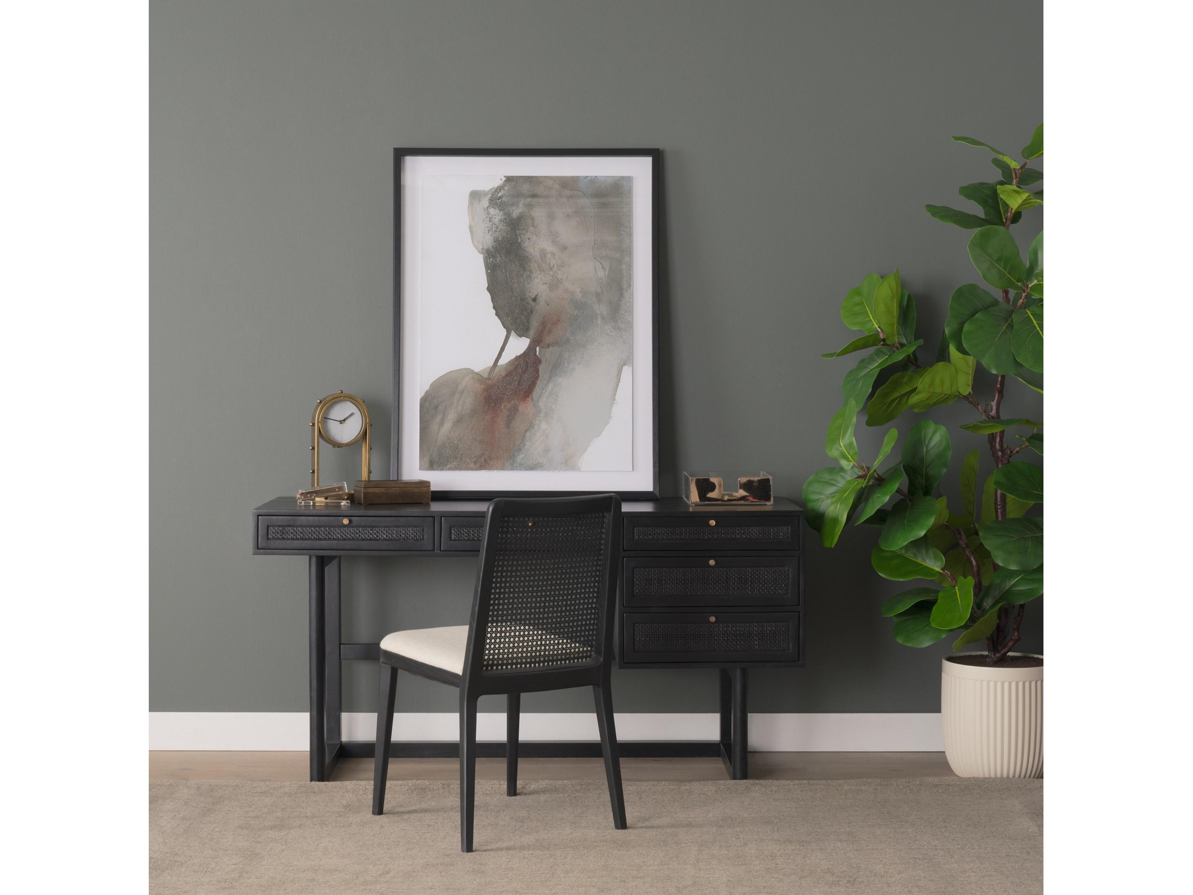 Mercana Grier  60" Black Solid Wood W/ Black Cane Office Desk