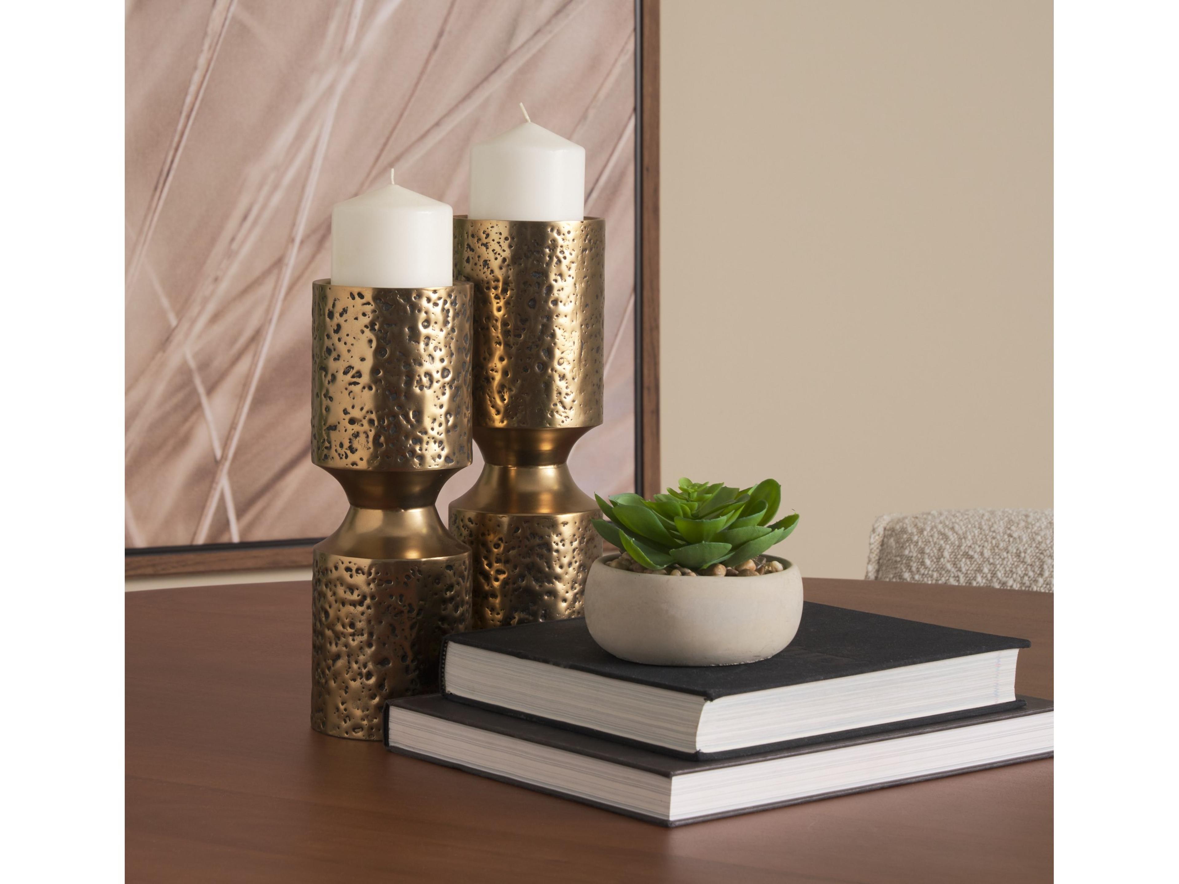 Mercana Akira Large Hammered Gold Metal Pillar Candle Holder