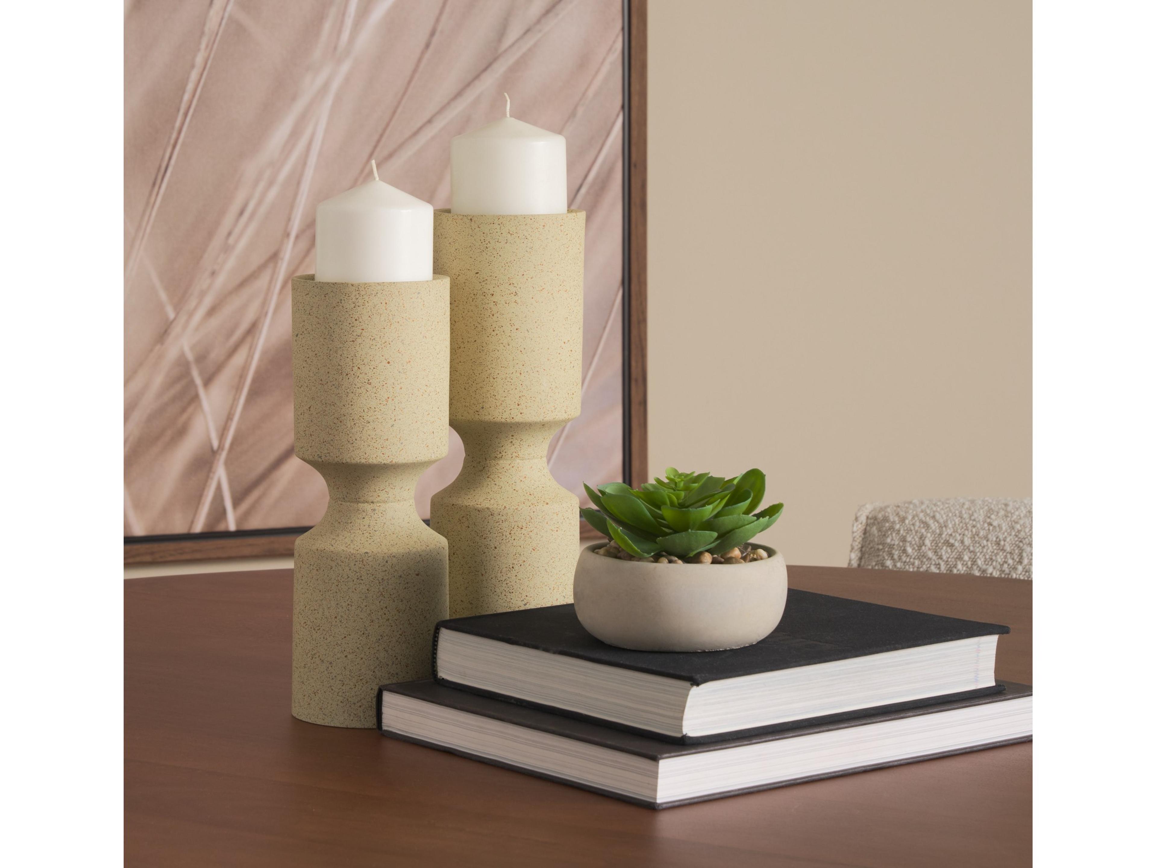 Mercana Akira Small Textured Beige Metal Pillar Candle Holder