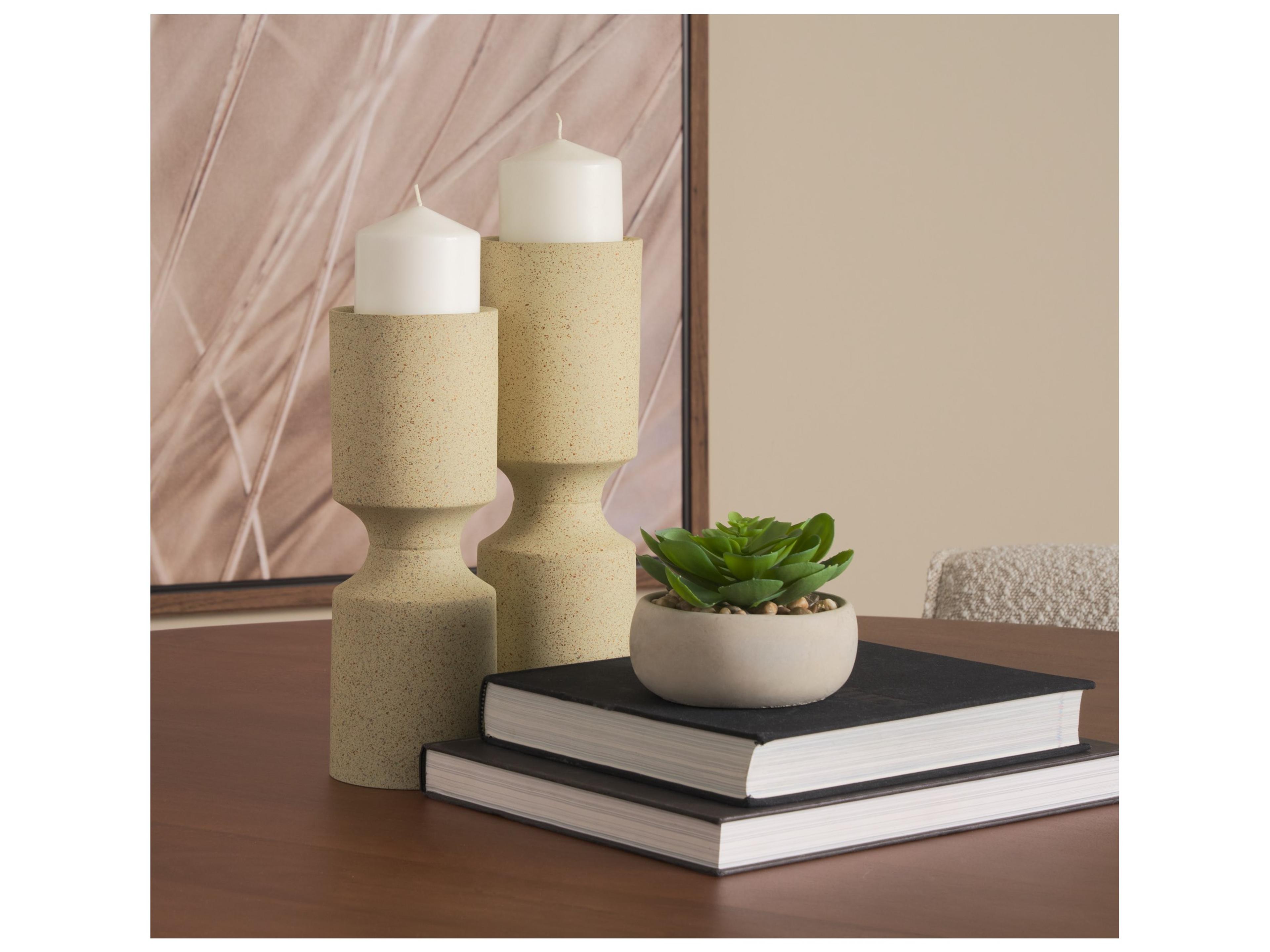 Mercana Akira Large Textured Beige Metal Pillar Candle Holder