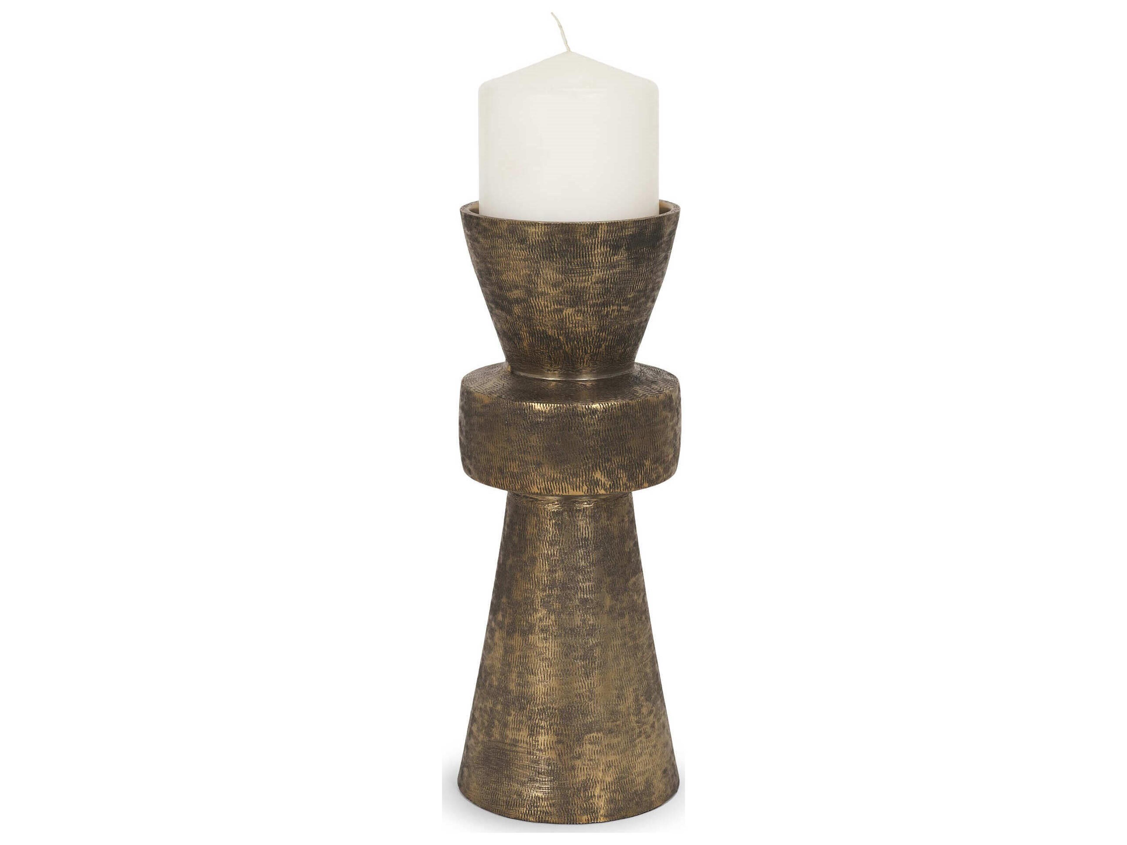 Odilia Small Textured Antiqued Gold Metal Geometric Pillar Candle Holder