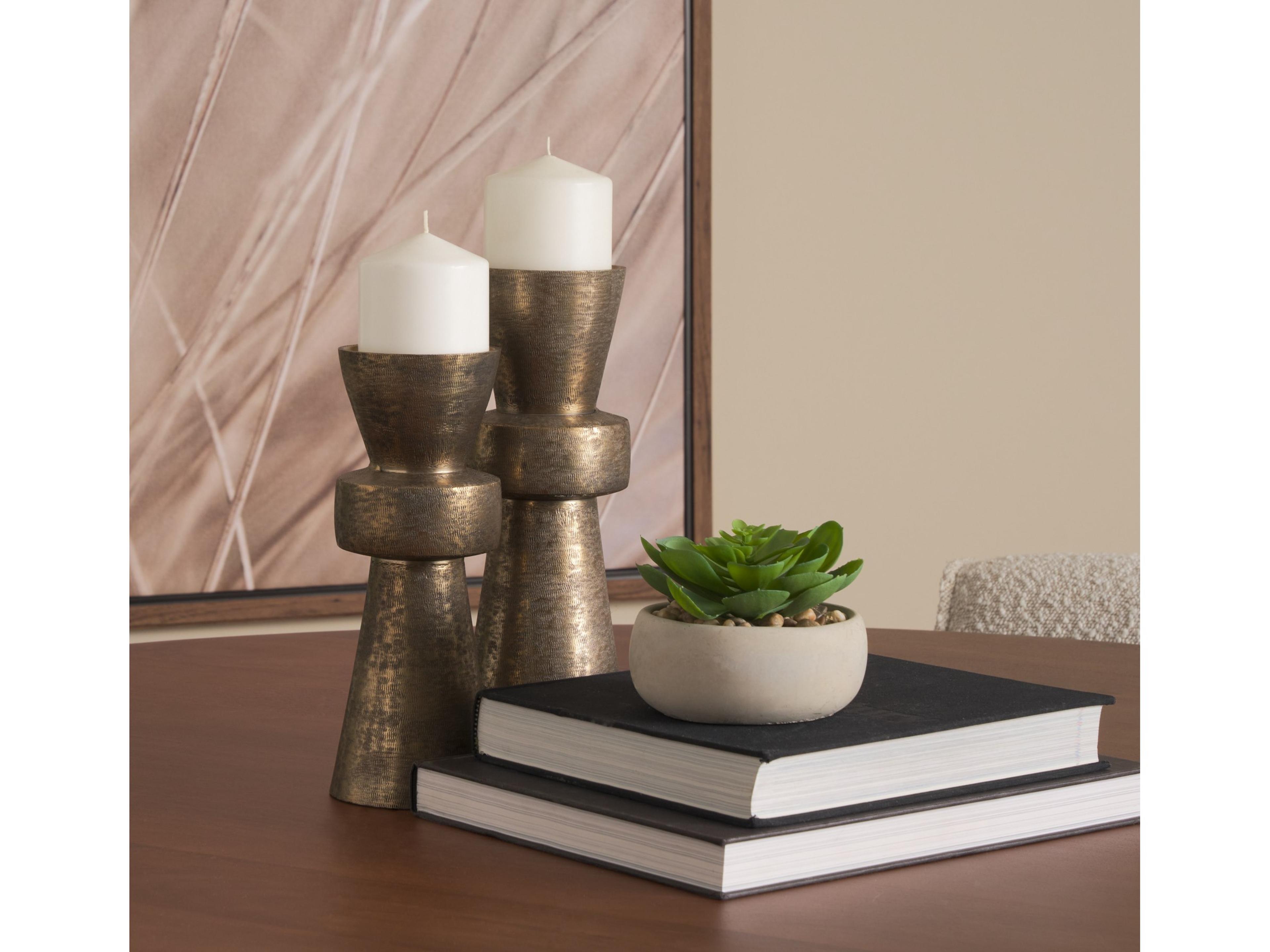 Mercana Odilia Small Textured Antiqued Gold Metal Geometric Pillar Candle Holder