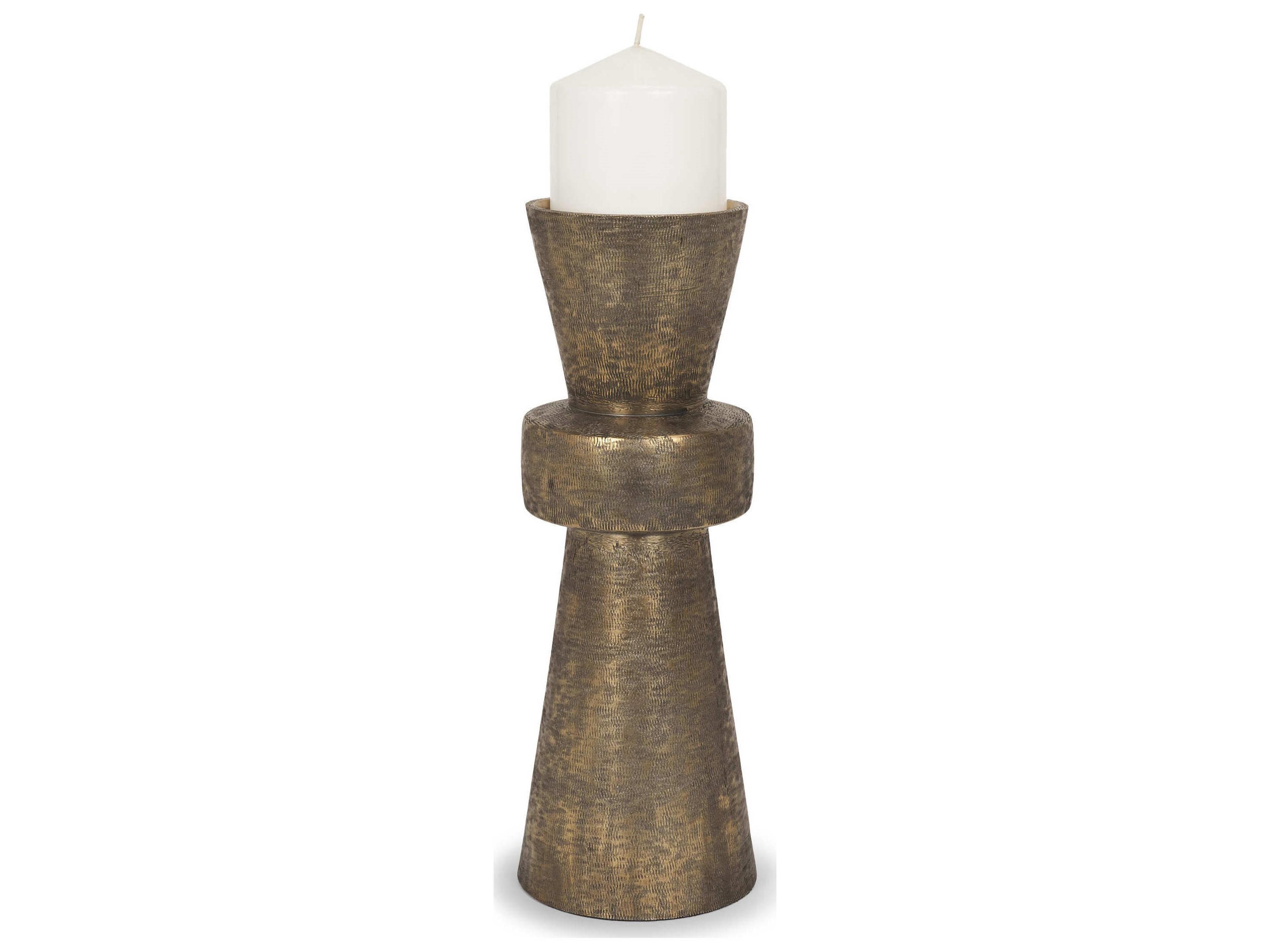 Odilia Large Textured Antiqued Gold Metal Geometric Pillar Candle Holder