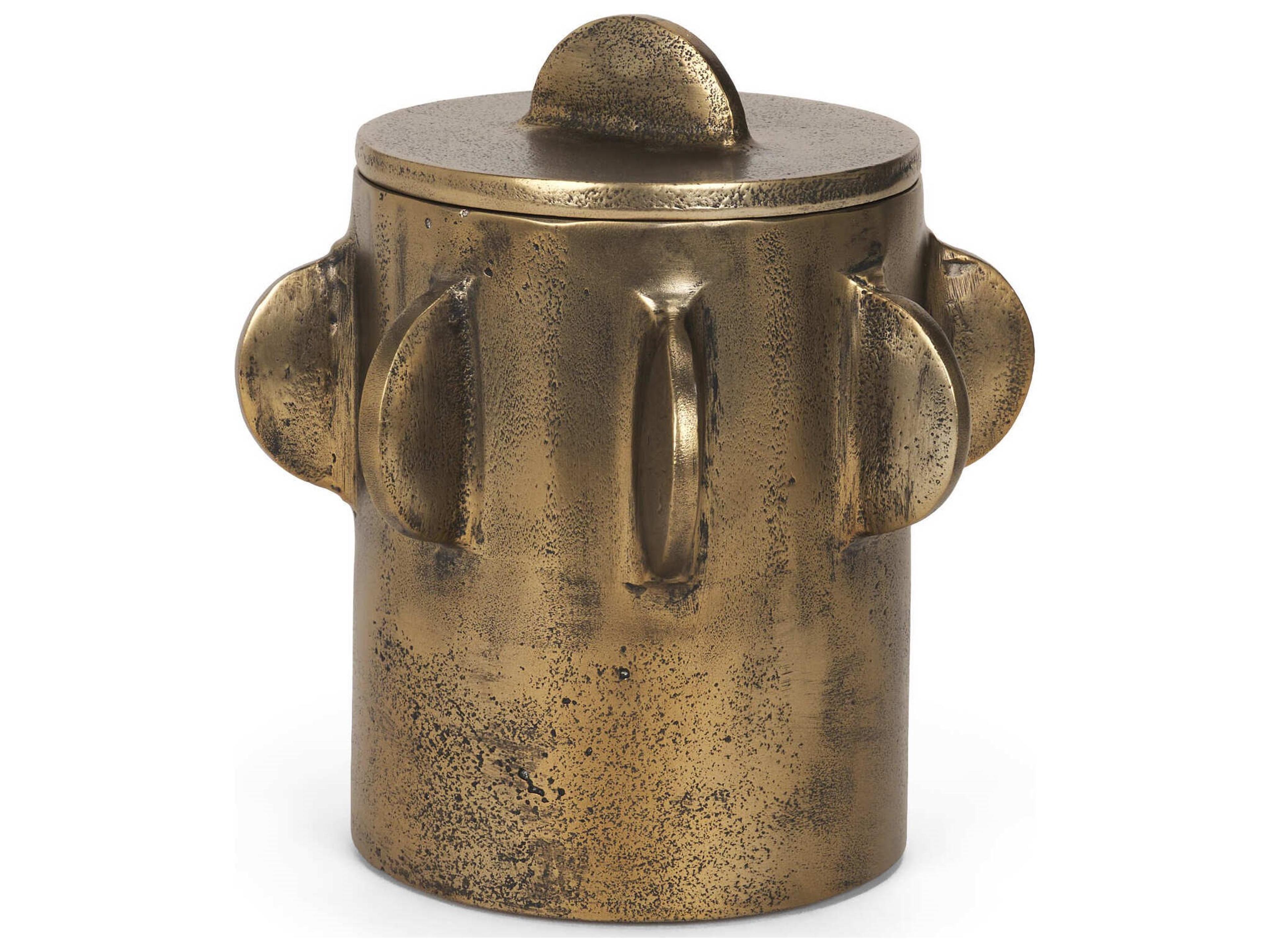 Deacon Small Antiqued Gold Metal Canister with Sculptural Handles
