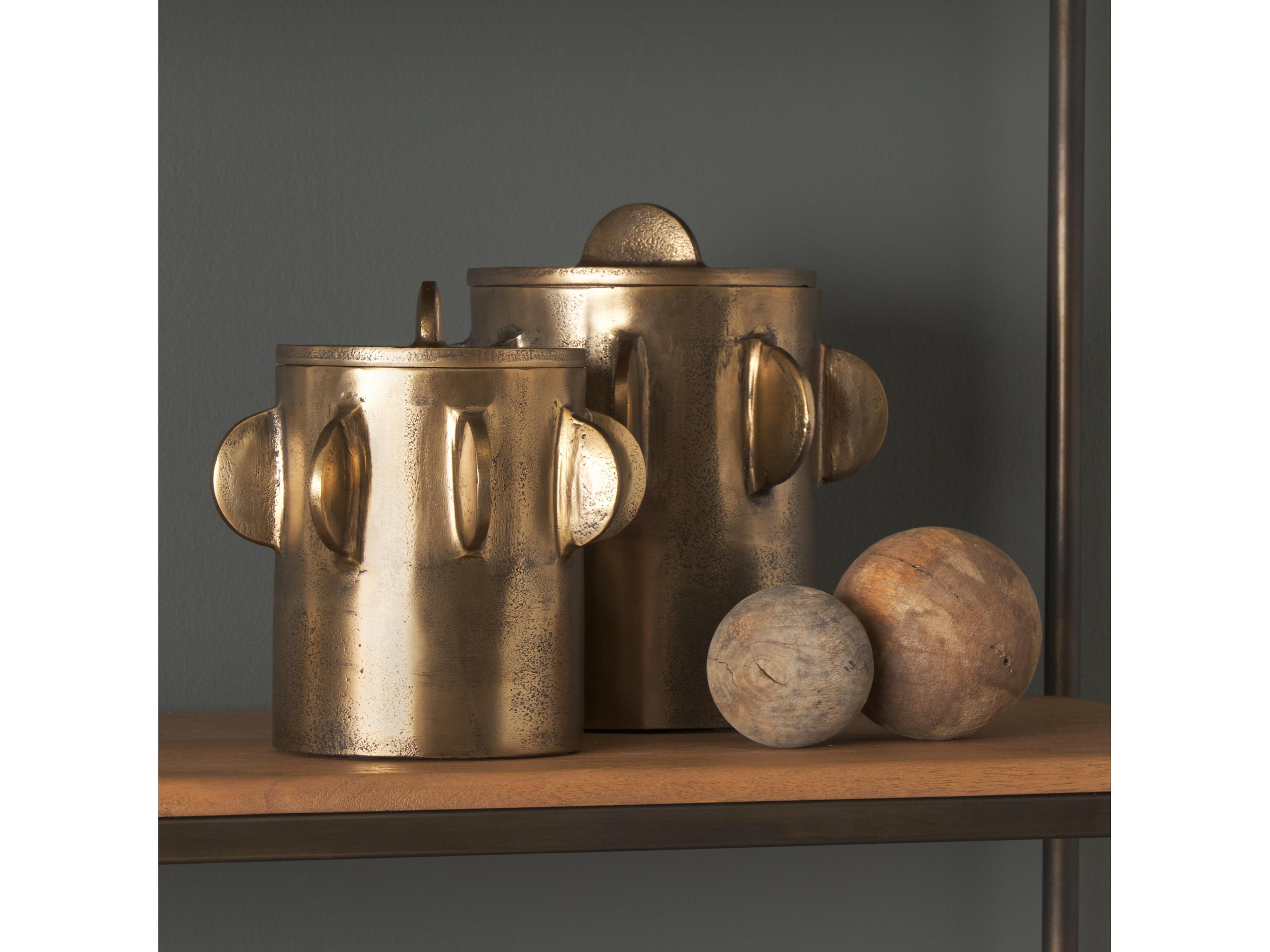 Mercana Deacon Small Antiqued Gold Metal Canister with Sculptural Handles