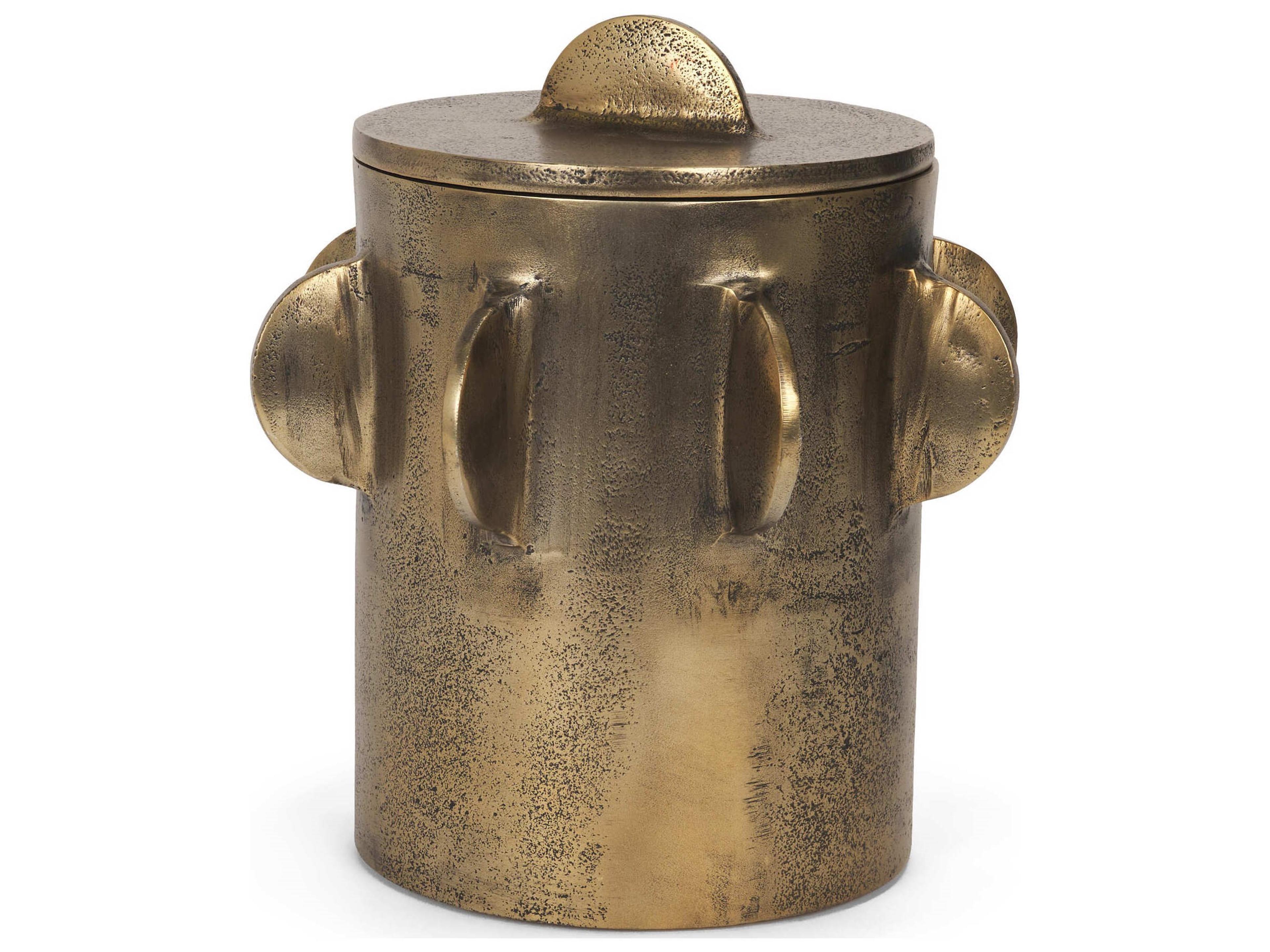 Deacon Large Antiqued Gold Metal Canister with Sculptural Handles