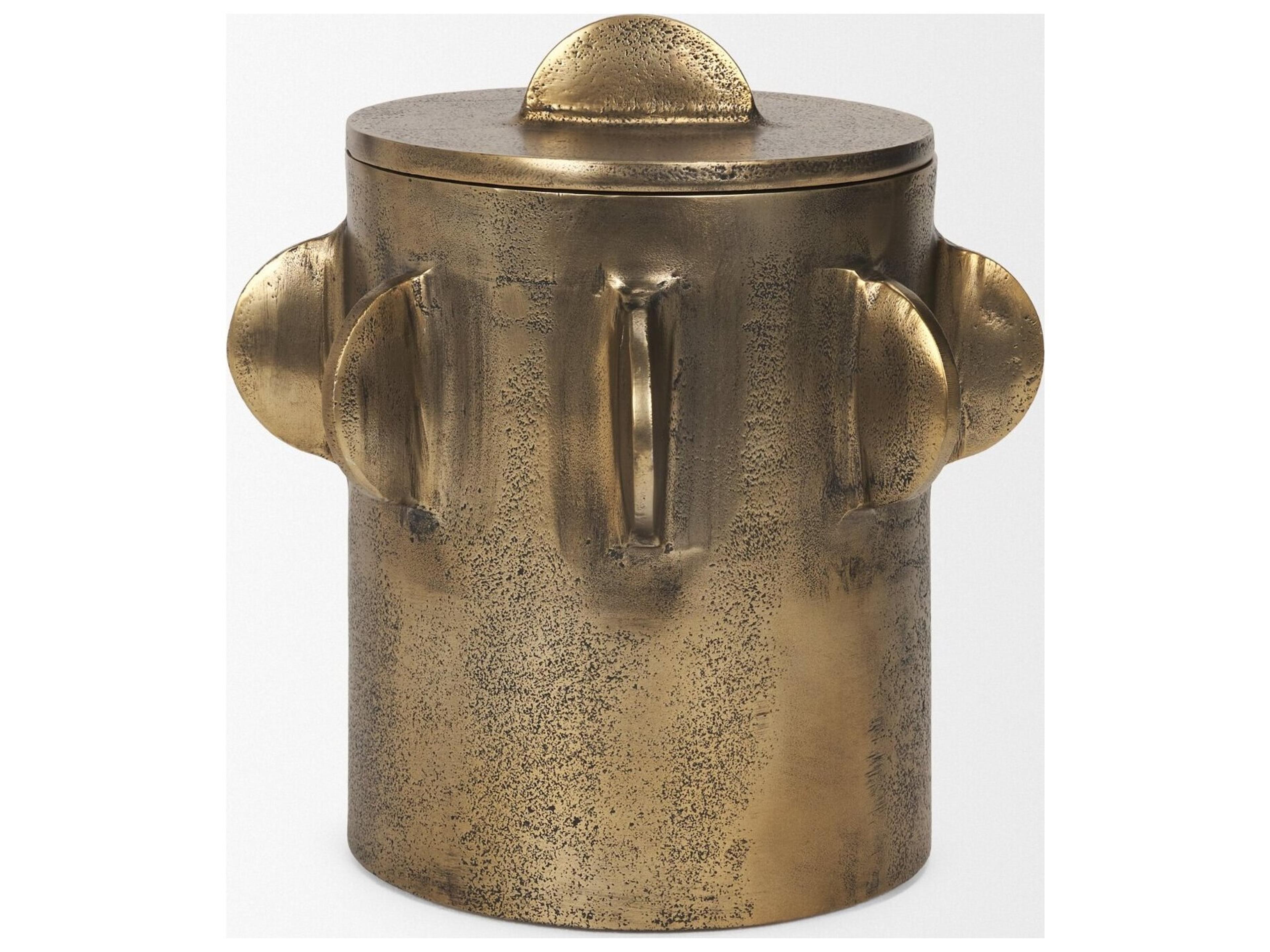 Mercana Deacon Large Antiqued Gold Metal Canister with Sculptural Handles