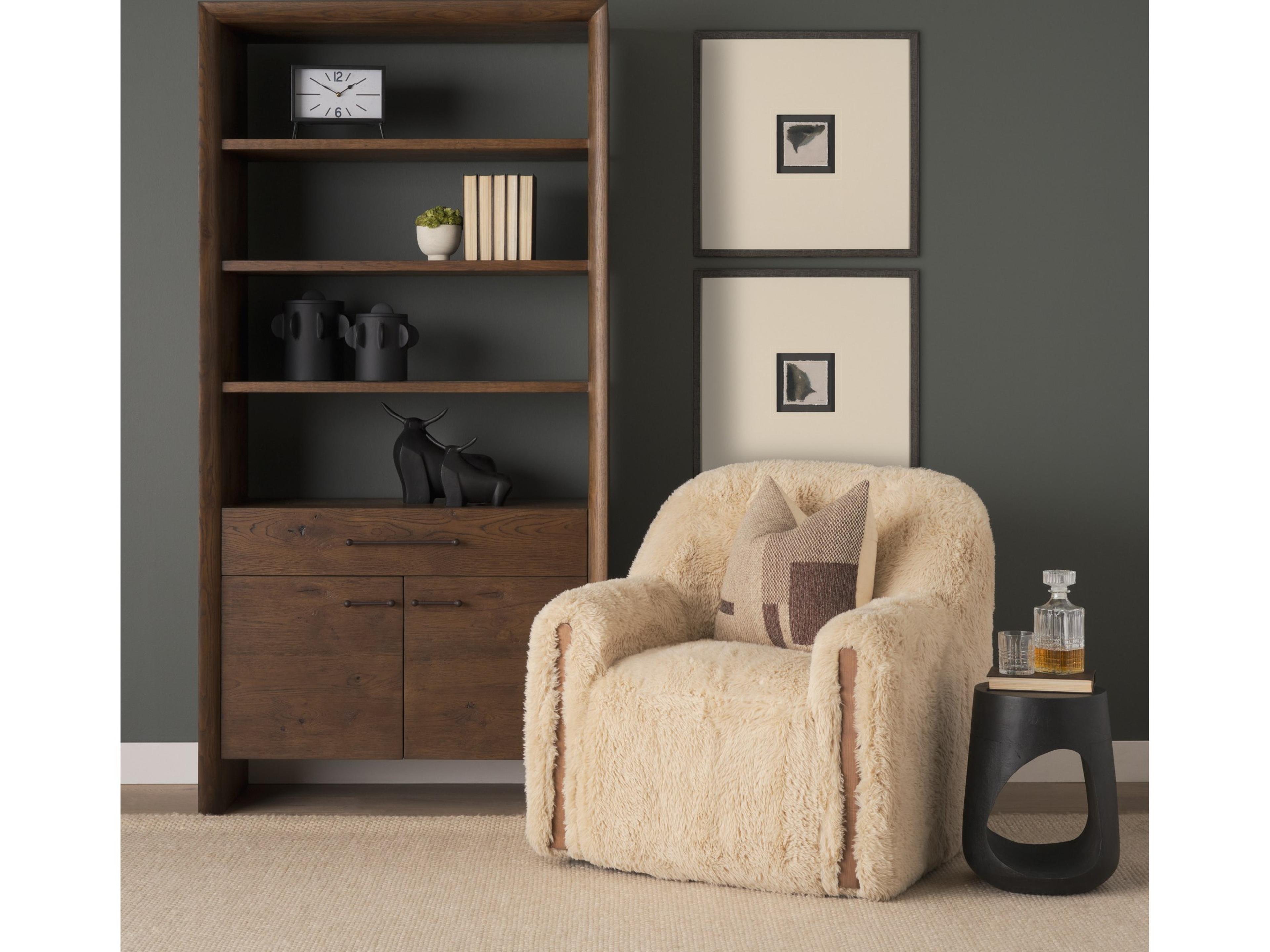 Mercana Huntley Cream Faux Fur Fabric Swivel Accent Chair