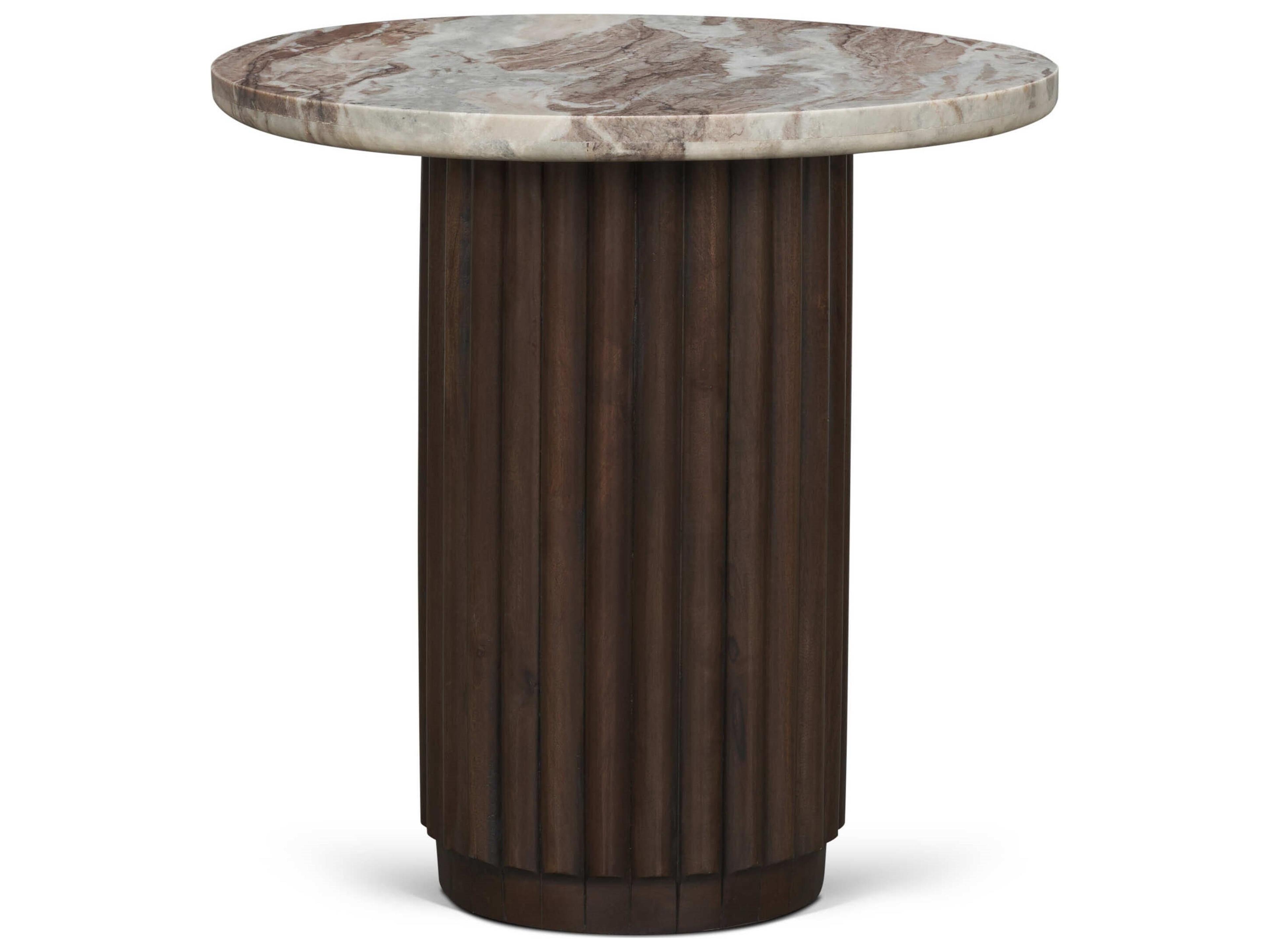 Marbrello Pink Marble Top Espresso Brown Fluted Wood Round Side Table